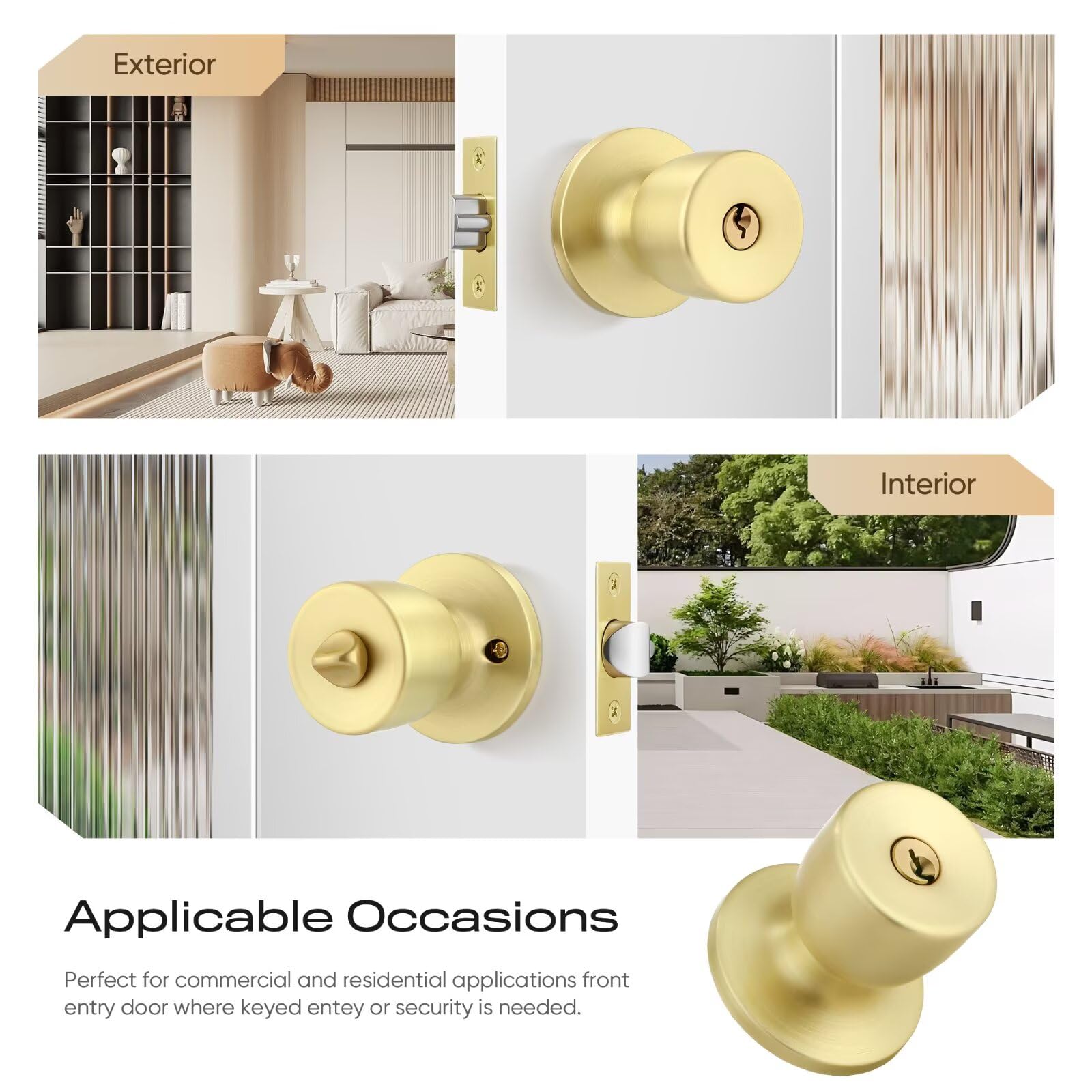 Leydebong Paquete de 5 pomos de puerta de acero inoxidable con cerradura dorada con llaves, respaldo ajustable de 60 a 70 mm para puertas de 35 a 45 mm de grosor, puerta delantera, dormitorio, baño