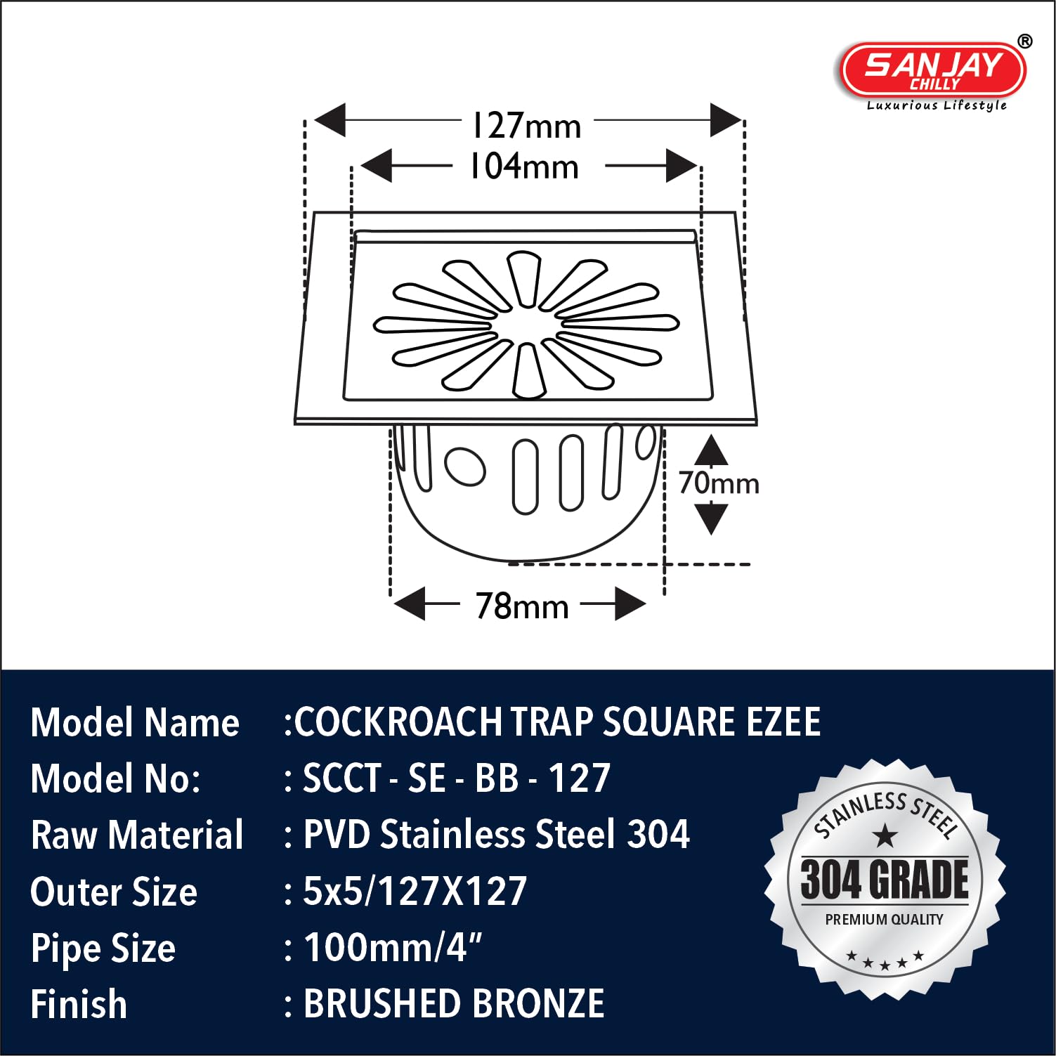 Sanjay Chilly Square Ezee SS Floor Drain Cockroach Trap for Bathroom Colour Collection 304 Grade Kitchen Sink Water Drainer Cover Jali Safety from Insects & Snakes (Brushed Bronze 5 x 5 INCH) 1