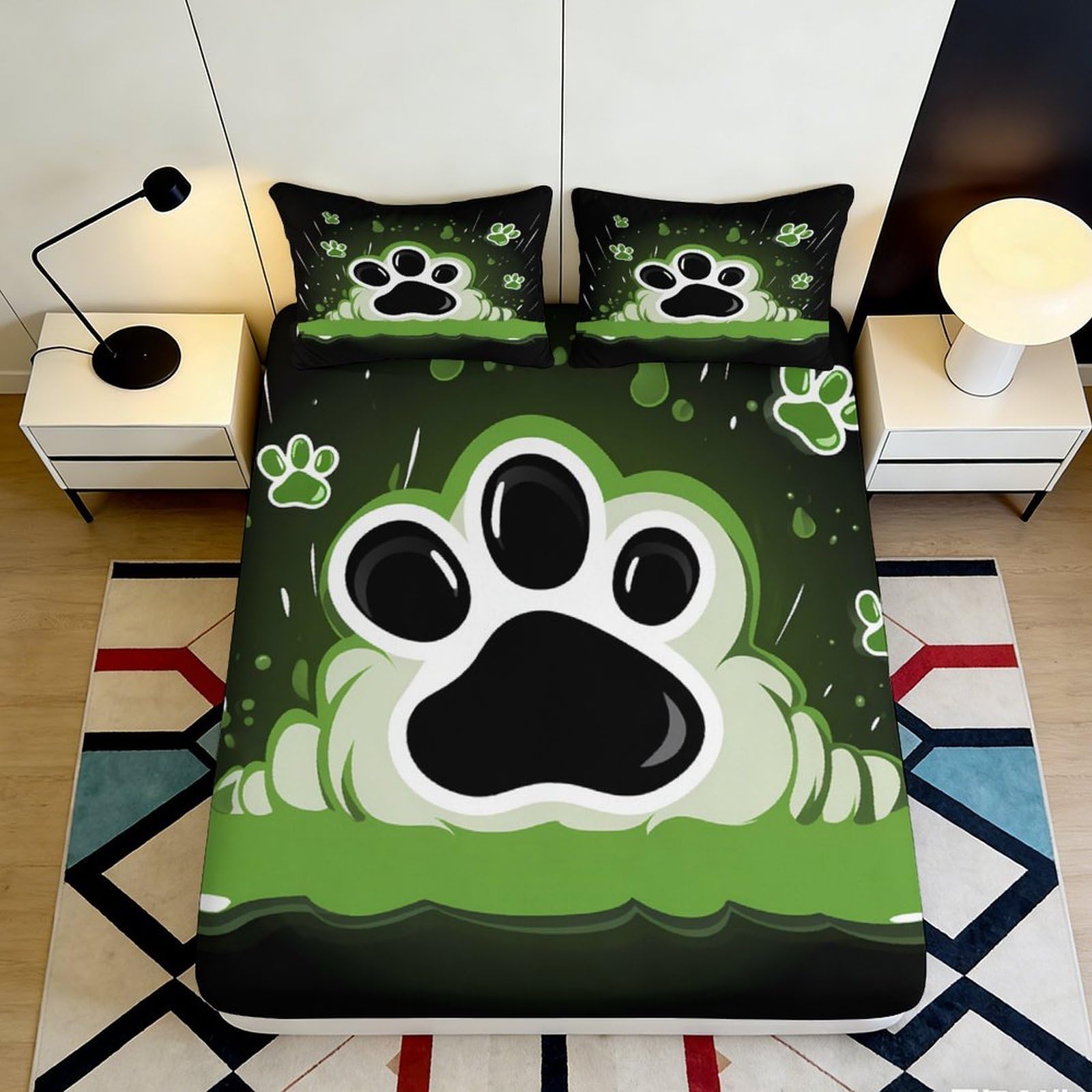 3D Printed Cartoon Paw Fitted Sheet Microfiber Green Animal Claw Mattress Cover Anti-Slip Easy Care for Bedroom Dorm Decor 90x200x25cm