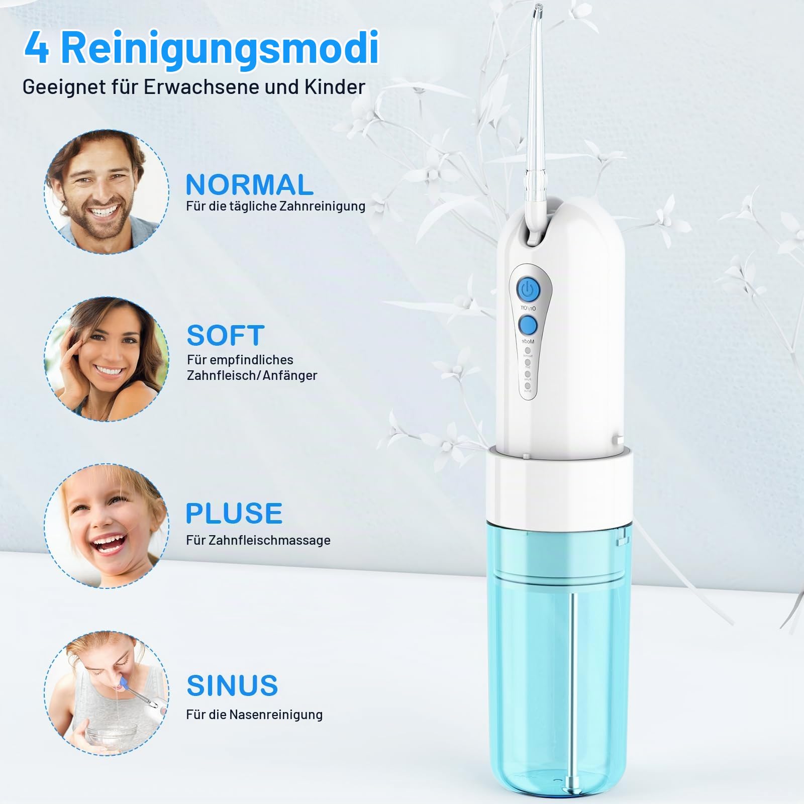 Munddusche Kabellos, Tragbarer Mini-Wasserzahnreinige mit Etui, 4 Modi und 5 um Ersatzdüsen, Elektrische Zahnreinigung, IPX7 Wasserdicht für Zuhause und Reise (Blau/Weiß)