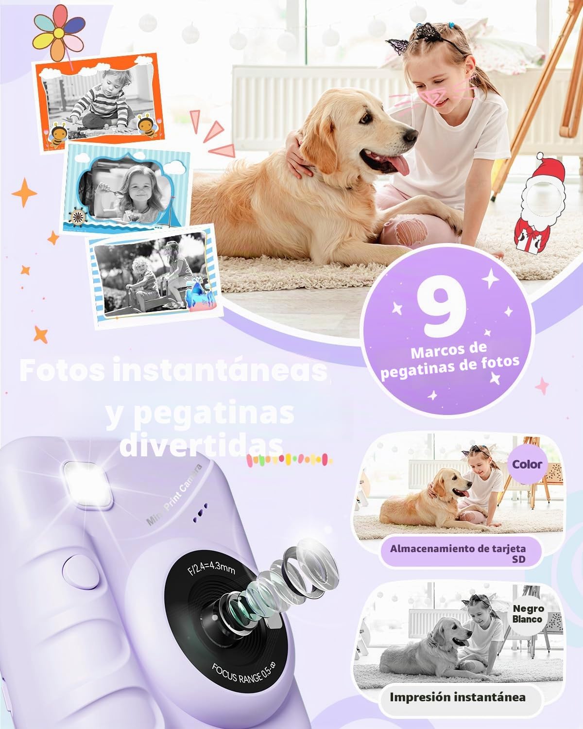TIATUA Camara Fotos Infantil instantanea, 3,0'' HD 48 MP Cámara Instantánea para Niños con Tarjeta de 32 GB y 3 Rollos de Papel, Regalo para Niños y Niñas de 3 a 12 Años (Morado)