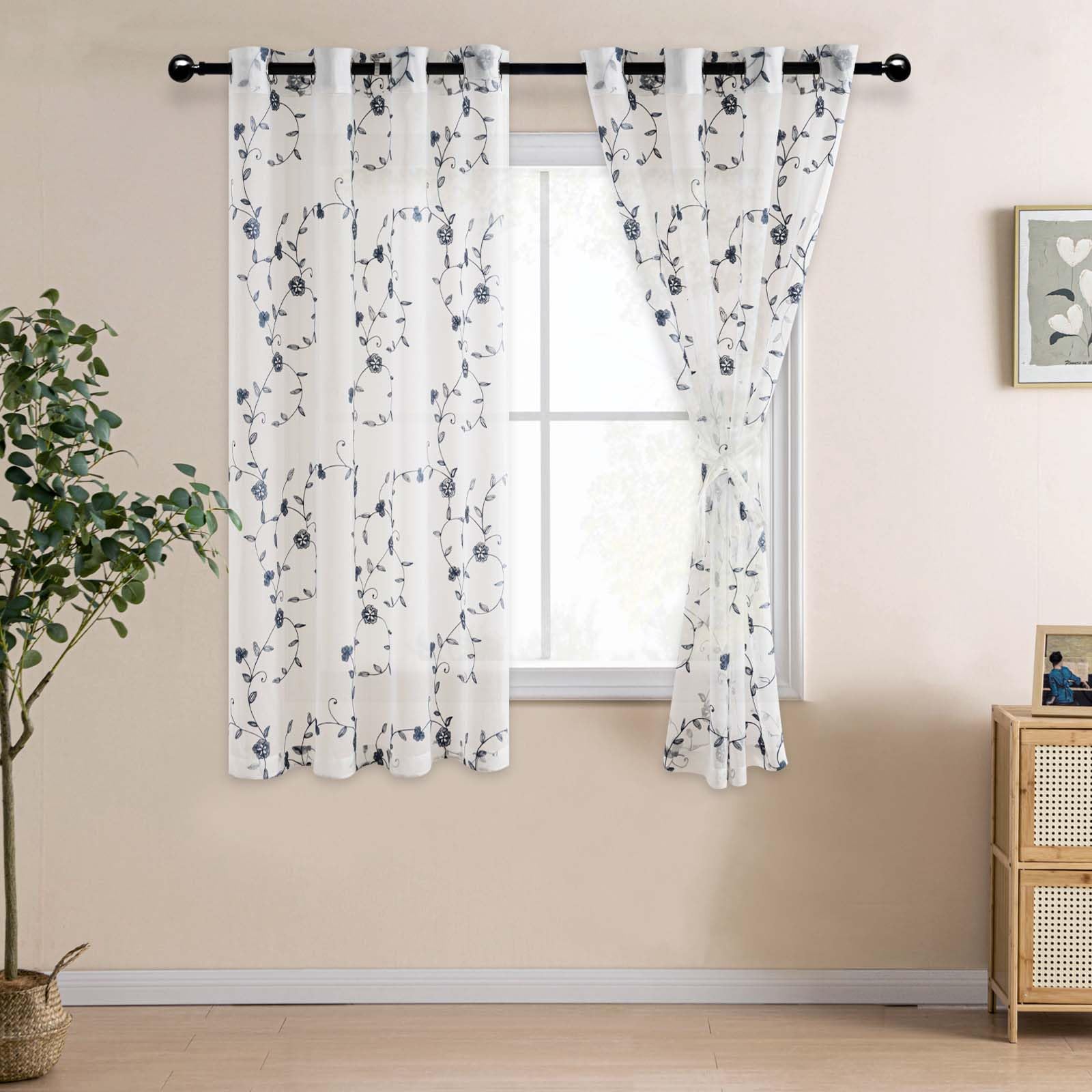 DWCN Embroidery Sheer Curtains Decoration Flora Design Grommet Window Curtain Semi Voile Drapes with Eyelets Window Treatments for Living Room Bedroom 2 Panels 52" W x 63" L Blue - Image 2