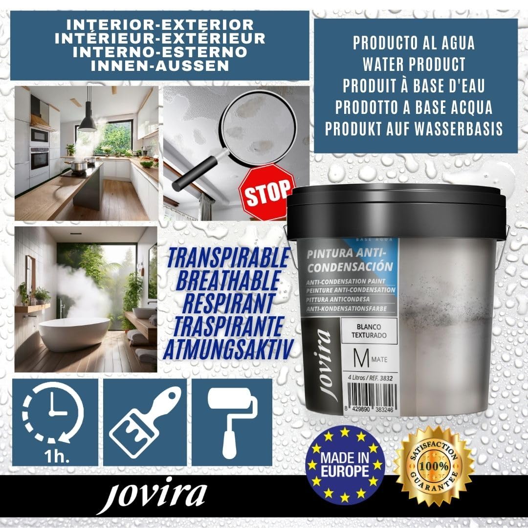 JOVIRA PINTURAS 6 Kg - Pittura Anticondensa, Antimuffa – Vernice Anti-Umidità per Interni ed Esterni su Muri, Intonaco e Cemento.(4 Litri, Bianco). D-11