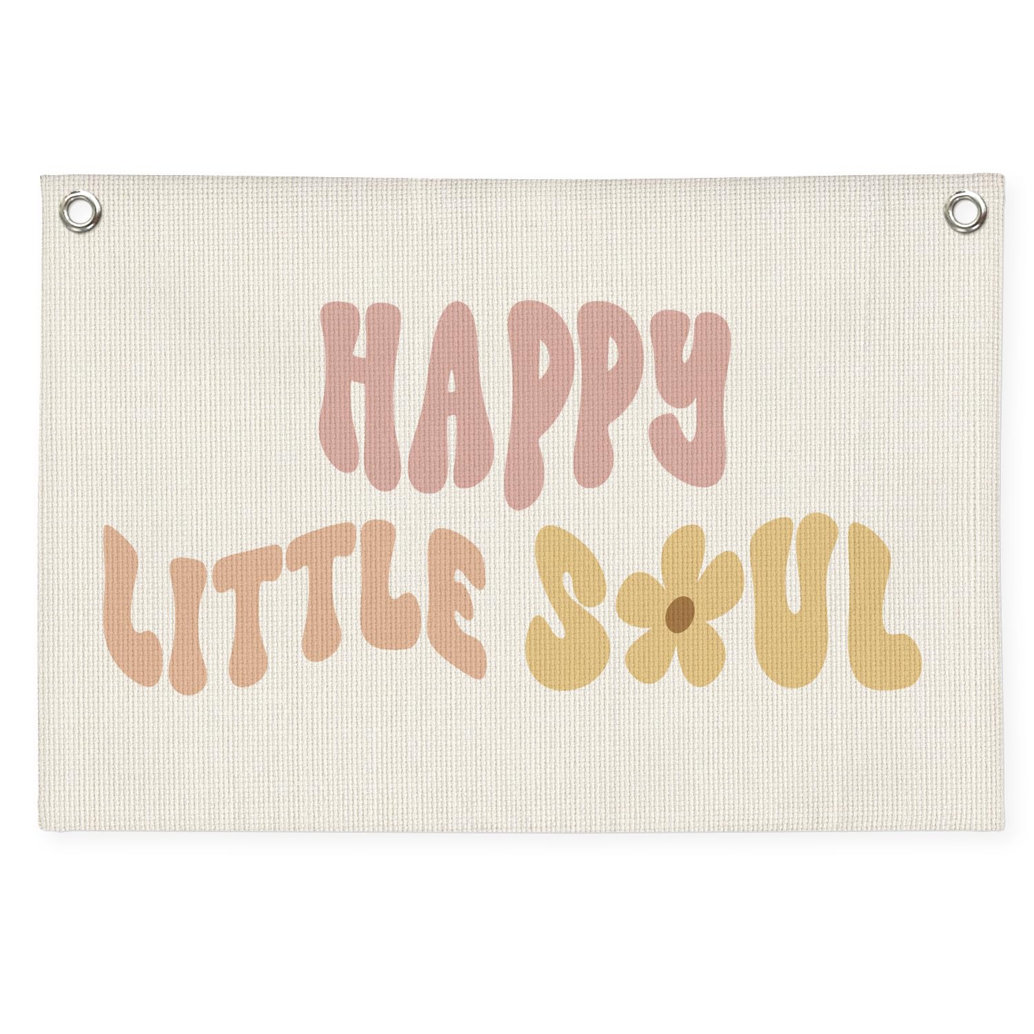 MOFUYU Girls Nursery Decor,Baby Girl Wall Decor,Happy Little Soul Linen Canvas Banner – Boho Inspirational Wall Hanging for Kids Room, Nursery and