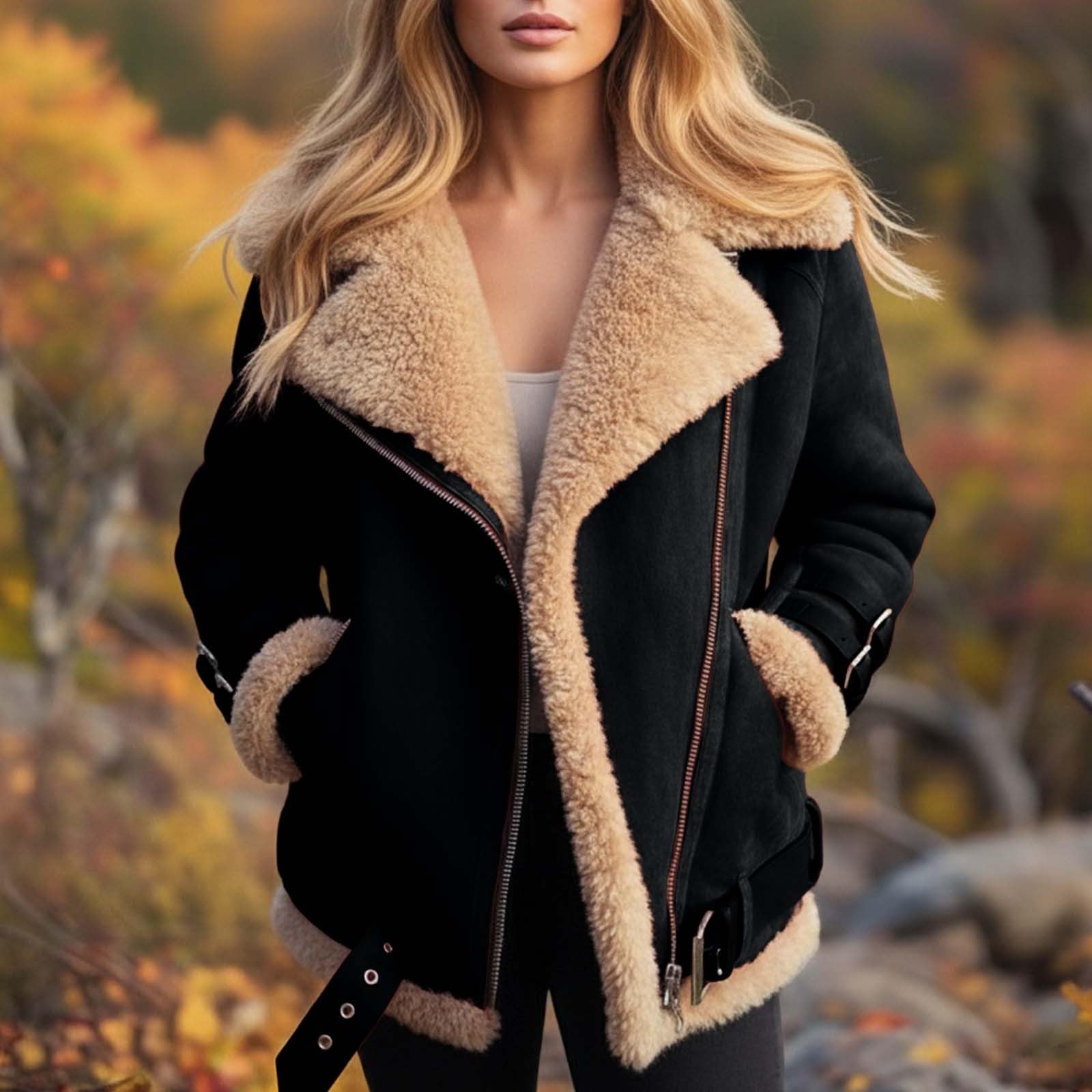 Generisch Lederjacke Damen Gefüttert Winterjacke Innenfutter Fellkragen Wildlederjacke Winddicht Revers Wintermantel Innen Fell Fleece Motorrad Vintage Teddyjacke,S-3XL
