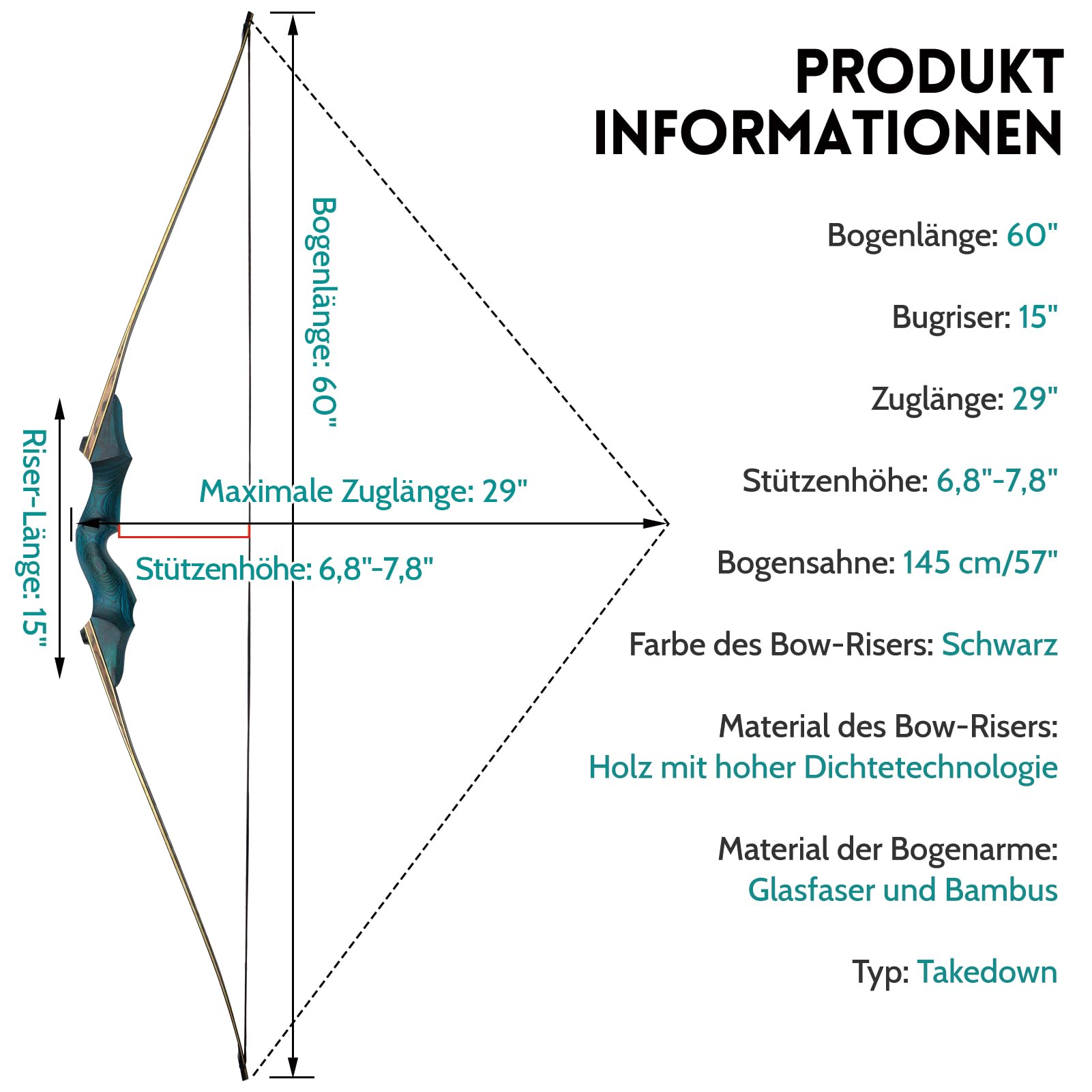 Black Hunter Traditioneller Langbogen 60 Zoll Takedown Langbogen 20-60 LBS Langbogen Erwachsener Rechtshänder Für Anfänger Auf Die Jagd