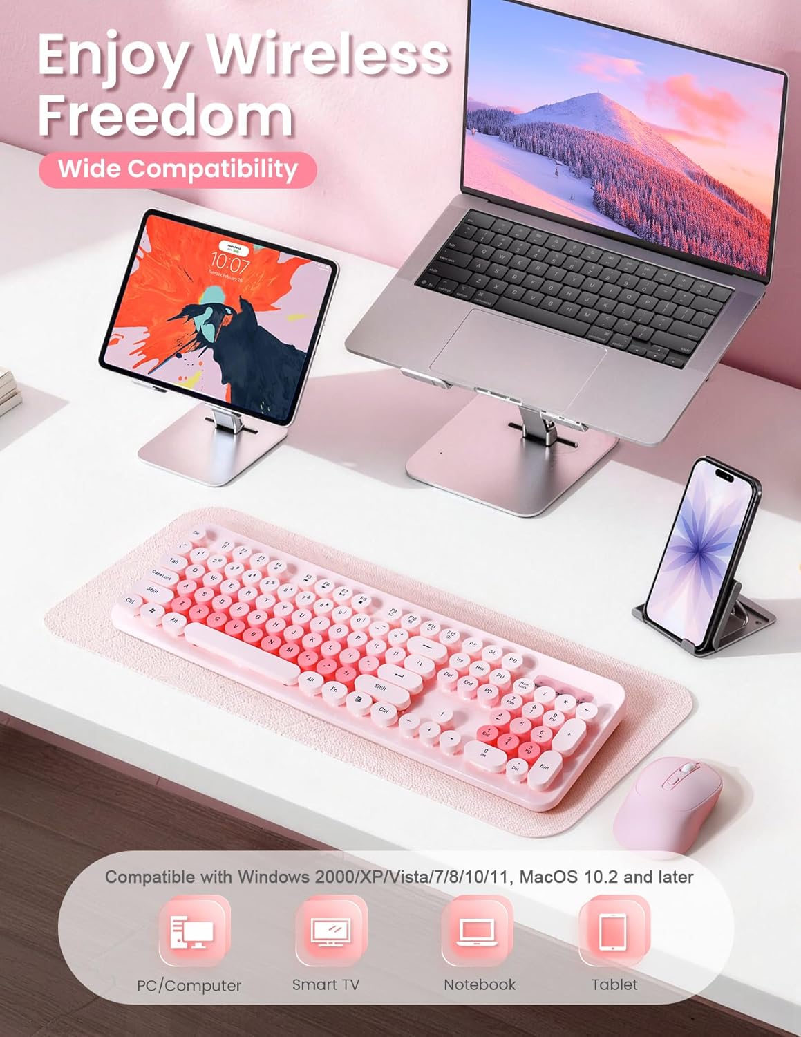 wireless keyboard and mouse combo, 104 round keys colorful full size keyboard and mouse with 2.4ghz usb receiver for pc/laptop/tablet/computer/windows, pink pink+mouse