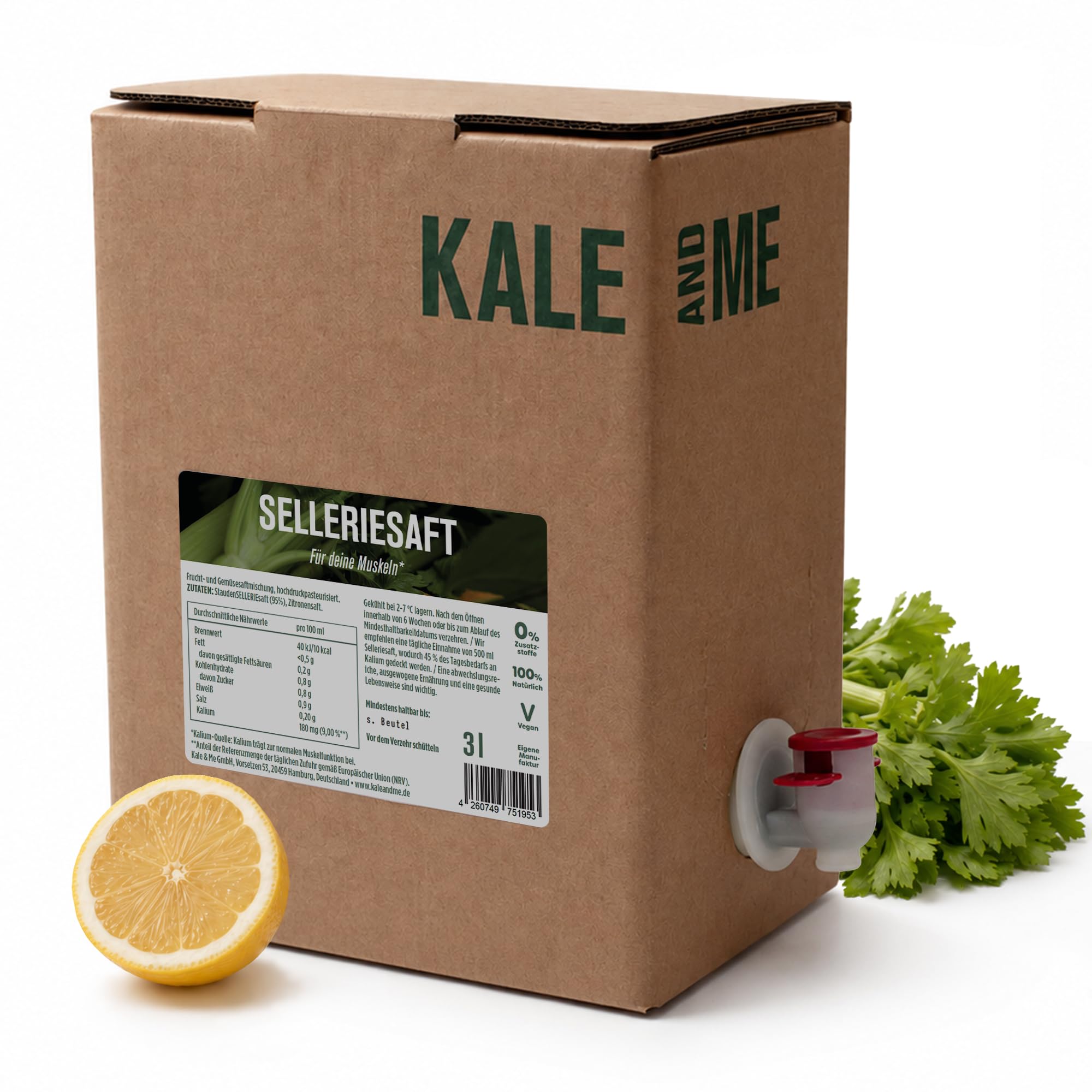 Kale&Me Selleriesaft Bag-in-Box 3 L – 95 % Selleriesaft mit Zitronensaft, ohne Zusatzstoffe, kaltgepresst, unpasteurisiert – frischer Gemüsesaft aus regionaler Produktion, inkl. Zapfhahn