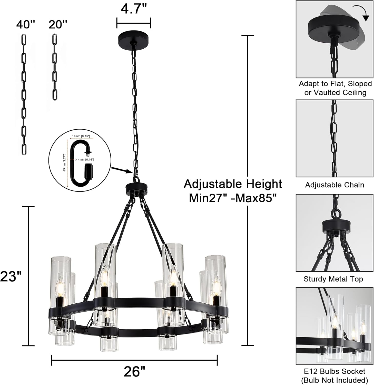 26-inch Black Wheel Pendant Light, 8-lamp Round Modern Farmhouse Style Ceiling Light with Glass Shade, Suitable for Kitchen Island, Dining Room, Living Room and Foyer.