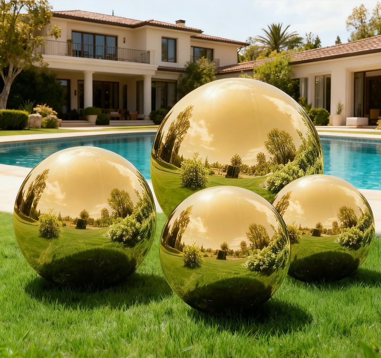 4PCS Gold Inflatable Mirror Ball Set,Reusable PVC Mirror Balls Large Event Decoration Hanging&Standing Balloon with Electric Pump for Event,Wedding,Party Decor(Gold, 4Pcs+Pump)