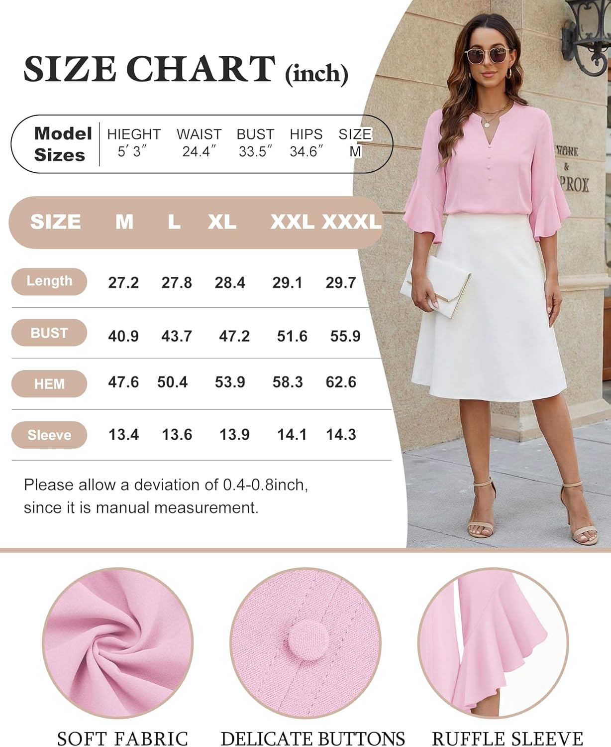 Bebonnie Womens Tops Dressy Casual Ruffle 3/4 Sleeve Henley V Neck Chiffon Blouses with Buttons - Image 6