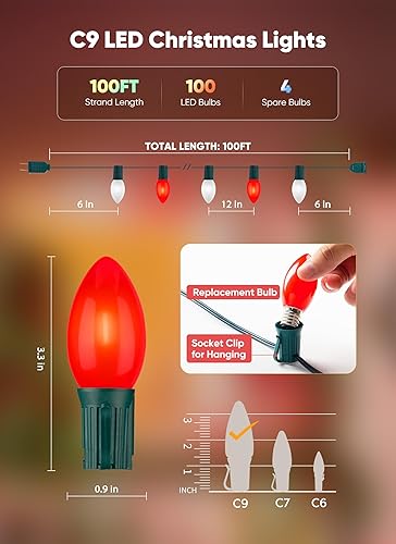 Miniatura 5 de Luces LED C9 de Navidad para exteriores, cadena de luces C9 de 100 pies con 100 bombillas mate inastillables, luces de árbol de Navidad impermeables