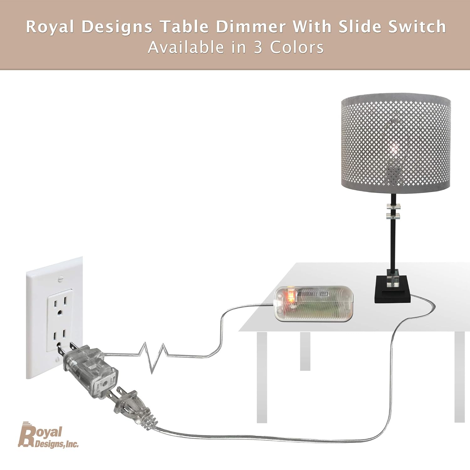 Royal Designs, Inc. TD-2002-CL-2, Table Lamp Plug-in Dimmer for Halogen, LED and Incandescent Bulbs, with Locator Light, Clear, Set of 2