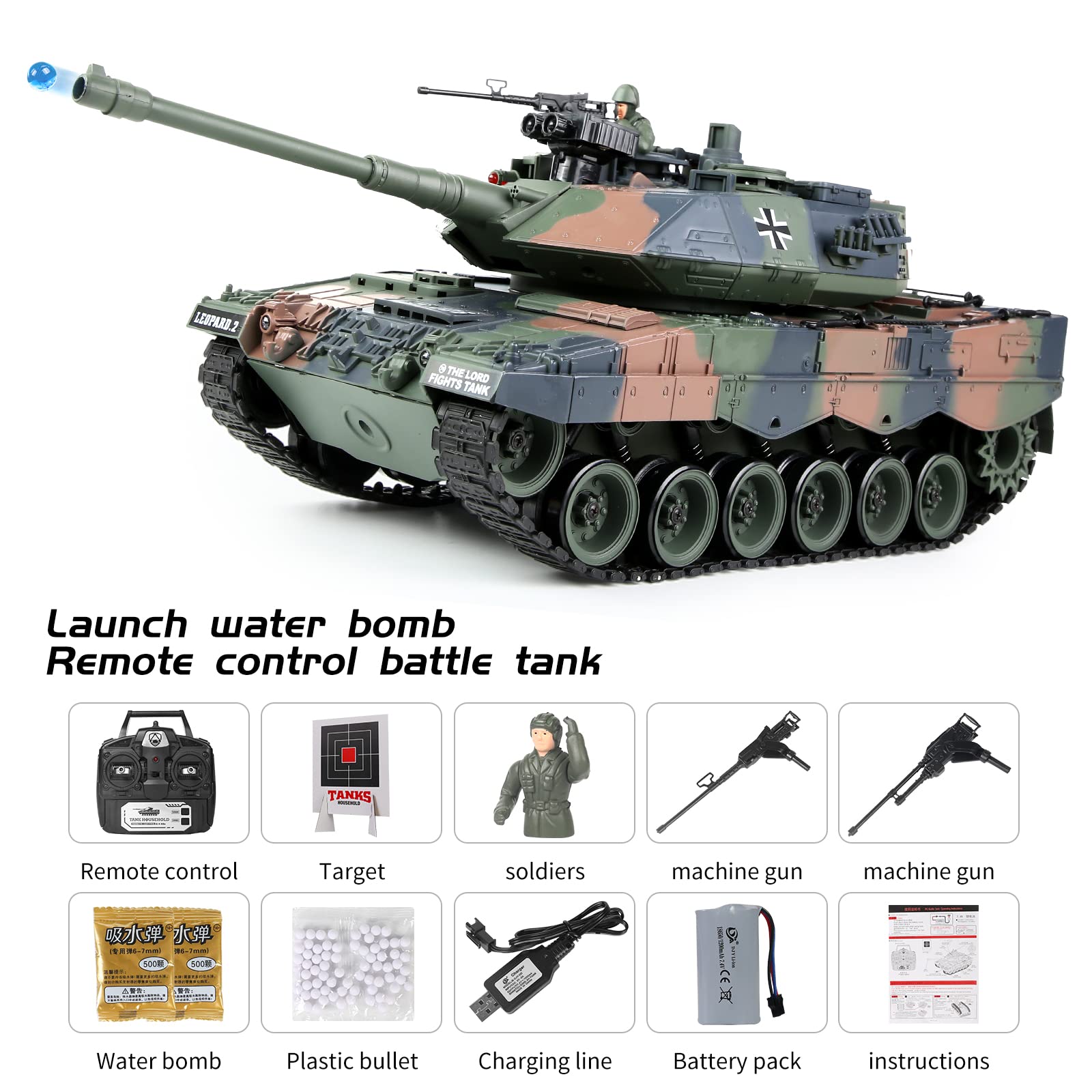 s-idee® RC czołg S822 German Leopard wojskowy kamuflaż zielony 1:18 2,4 GHz Battle Tank z funkcją strzału
