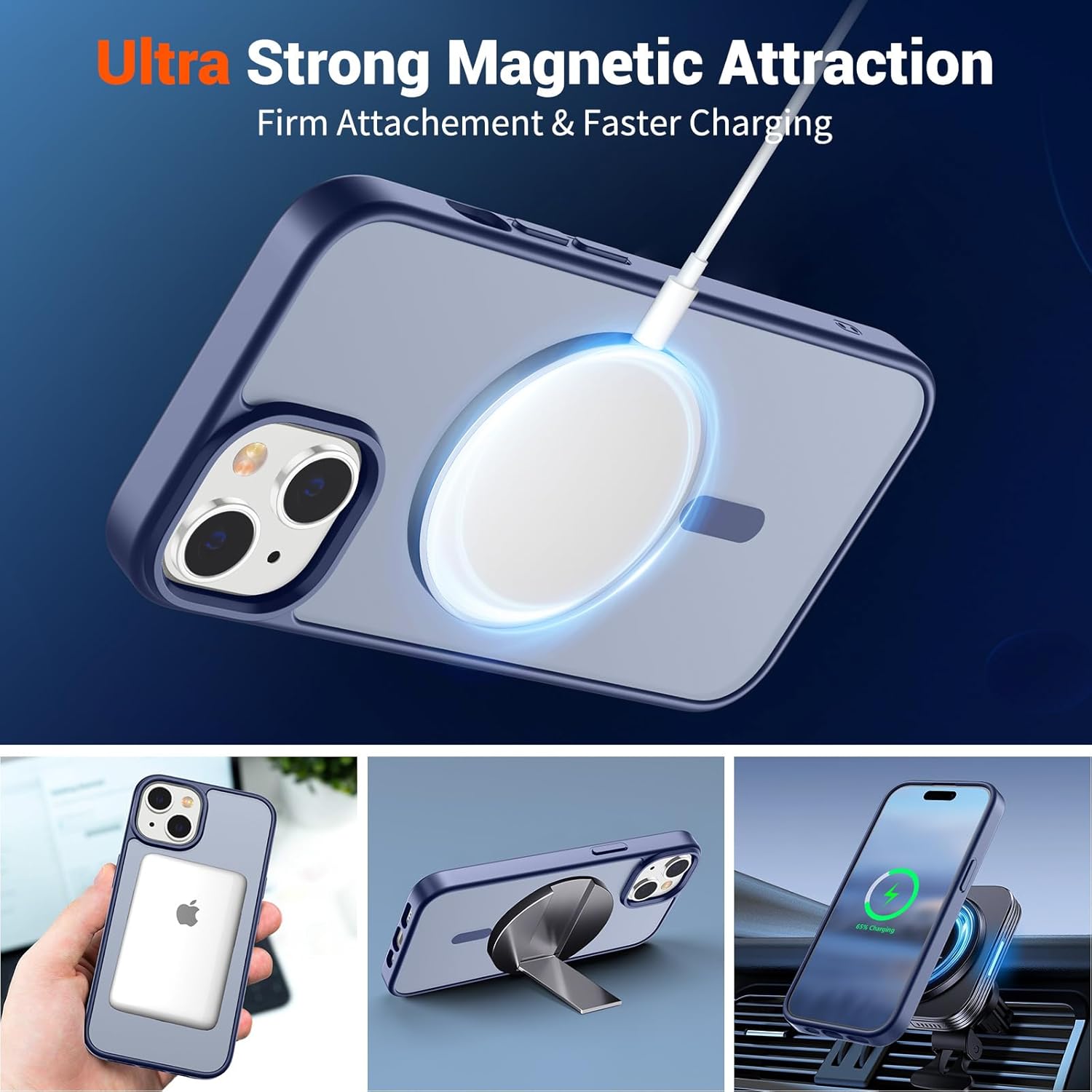 Image showing the case being used with a MagSafe charger, MagSafe wallet, and car mount.