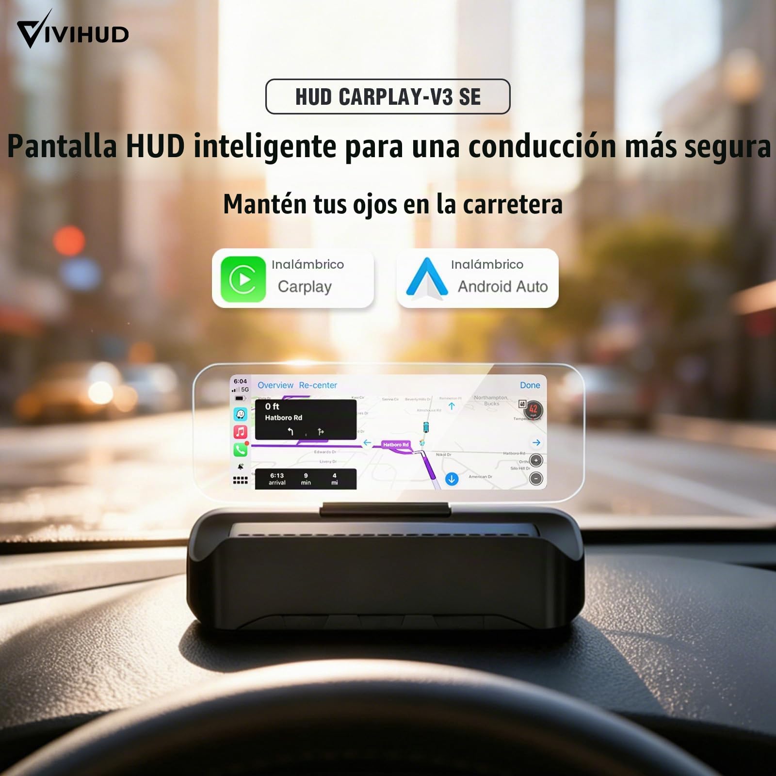VIVIHUD V3-SE Carplay inalámbrico Android coche HUD Head-Up Display Cluster Pantalla HD reflector de imagen Bluetooth OBD2 GPS velocímetro Plug-and-Play Inteligente Brillo Automático