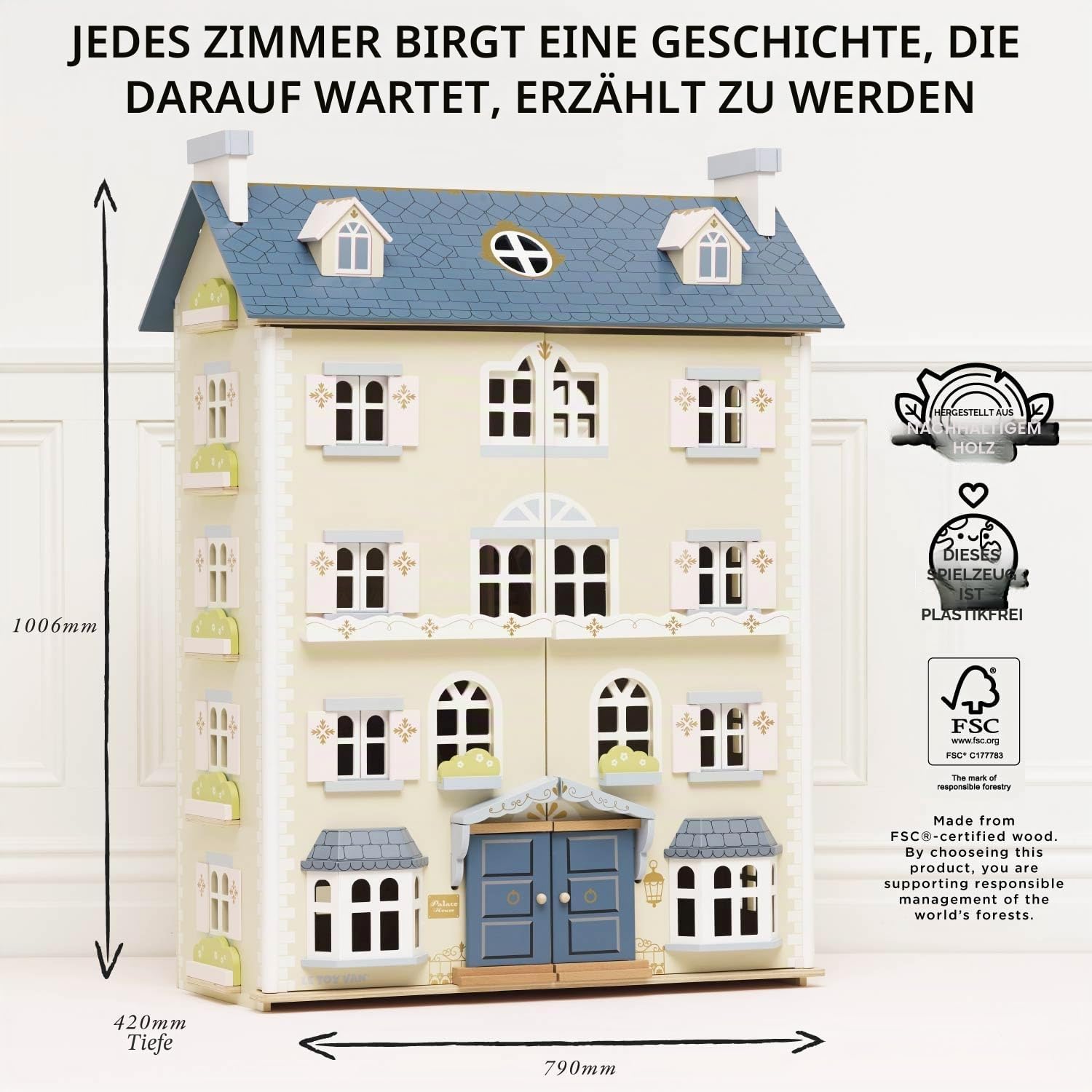 Le Toy Van - Palace House Large Wooden Doll House, 5 Storey Wooden Dolls House Play Set - Suitable for Ages 3+