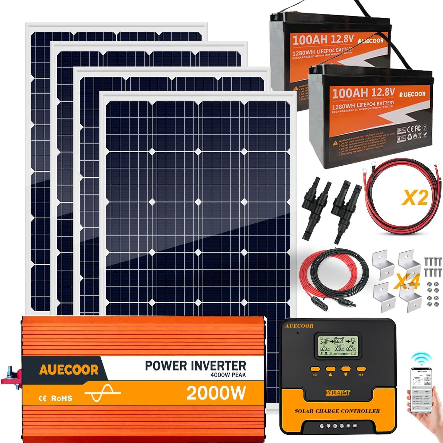 Kit completo di pannello solare da 1,92 kWh per sistema solare off-grid per camper | 2 batterie LiFePO4 al litio da 100 Ah | 4 pannelli solari mono rigidi da 120 W | Inverter di potenza da 2000 W |