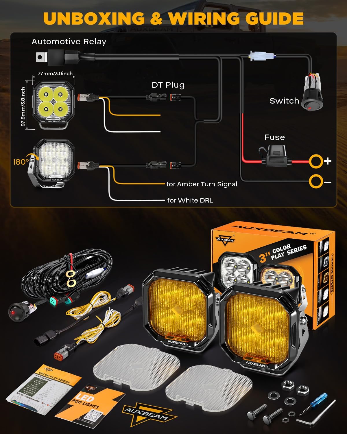 Auxbeam Color Play Series Fog Beam LED Pod Lights, 120° Wide Pattern Amber White Offroad Light Bar, 3 Inch 100W Driving Ditch Lights with DRL & Turn Signal Function, Pair
