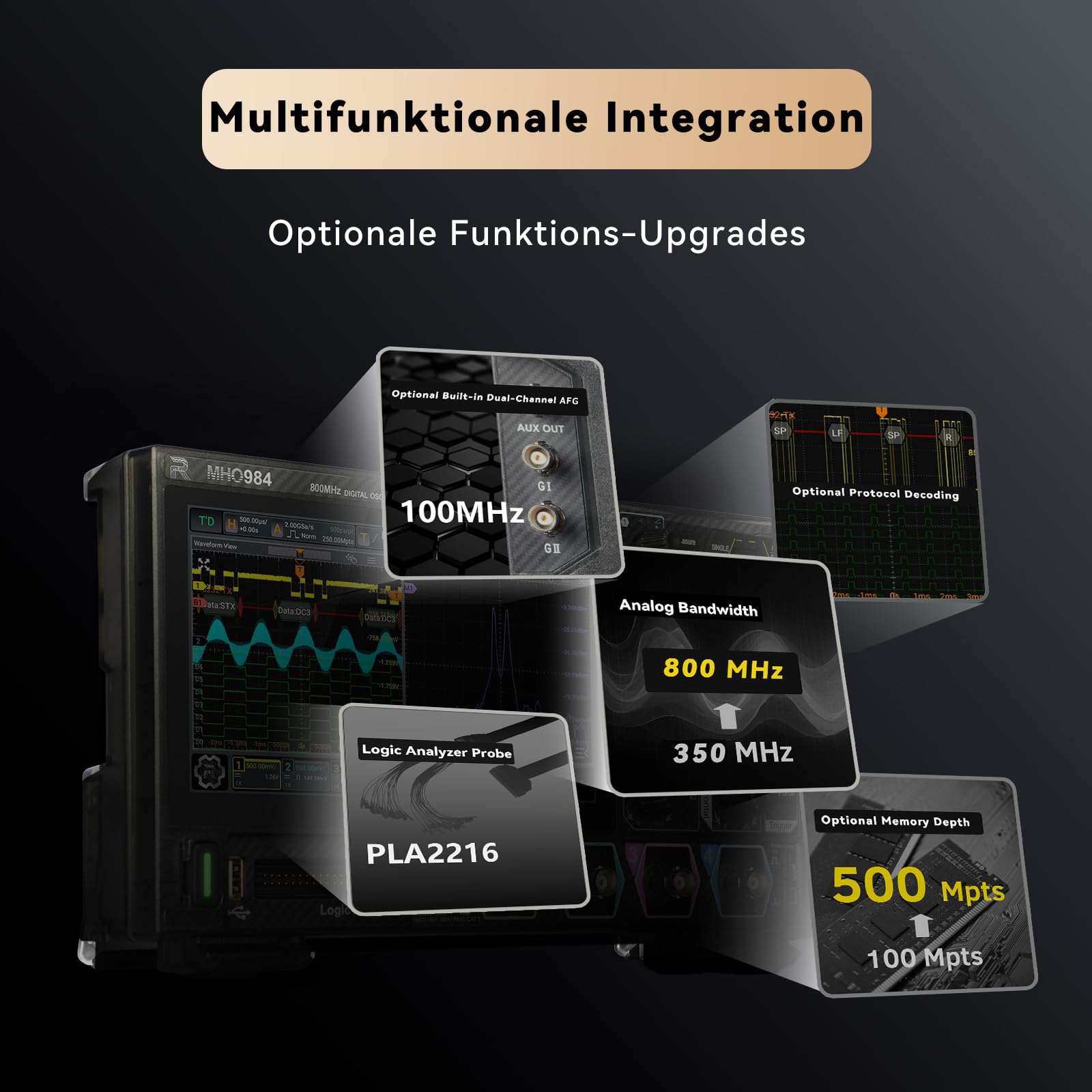 RIGOL MHO984 Digital-Oszilloskop, 800MHz, 4GSa/s, 12-Bit, 4+16 Kan, Wi-Fi & Bluetooth, Type-C Strom, Optionaler AFG, Ultrakompakt