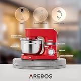 Robot de cuisine Arebos 1500W rouge | Pétrin avec 2x bols en inox 4,5 & 5,5L | Mixeur de cuisine avec crochet mélangeur, crochet pétrisseur, fouet et protection anti-éclaboussures | 6 vitesses - 8