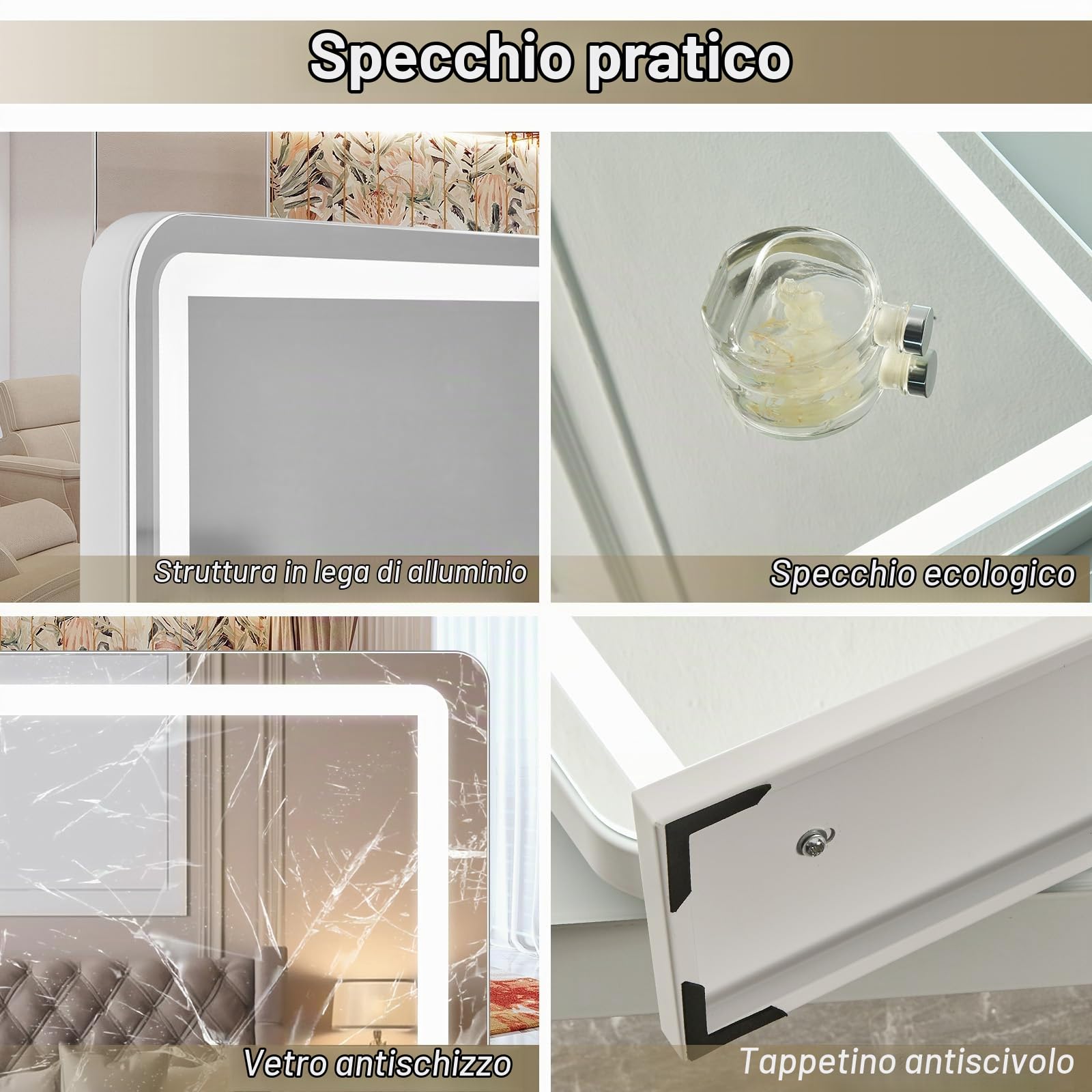 Specchio Trucco con Luci 80x55 cm, Specchio Hollywood con Luci LED Regolabili, 3 Modalità, Caricatore USB, Memoria Intelligente, Controllo Touch, Montaggio a Parete, Bianco