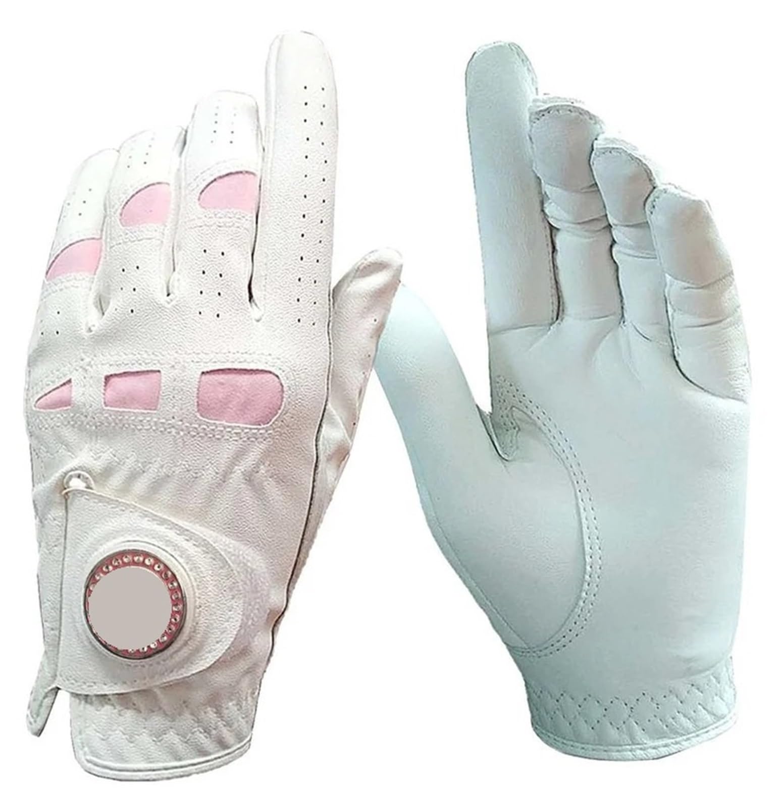 Golfhandschuh 2 Stücke/1 Paar Leder Golf Handschuhe Frauen Mit Bling Ball Marker Extra Grip Links Rechts Hand Rosa Fit Damen Mädchen Golfer