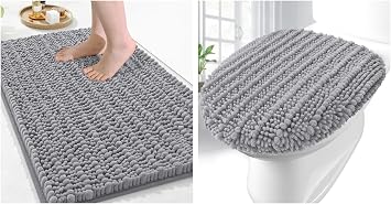 Arotive Luxury Chenille Bathroom Rugs Set, Ultra Soft Bath Rugs Size 30x20 and Toilet Lid Cover Size 17.5x15 in Grey, 2 Item Bundle