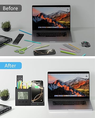 Miniatura 7 de Soporte multifuncional para bolígrafo y organizador para escritorio con cargador inalámbrico, termómetro digital para interiores y medidor de
