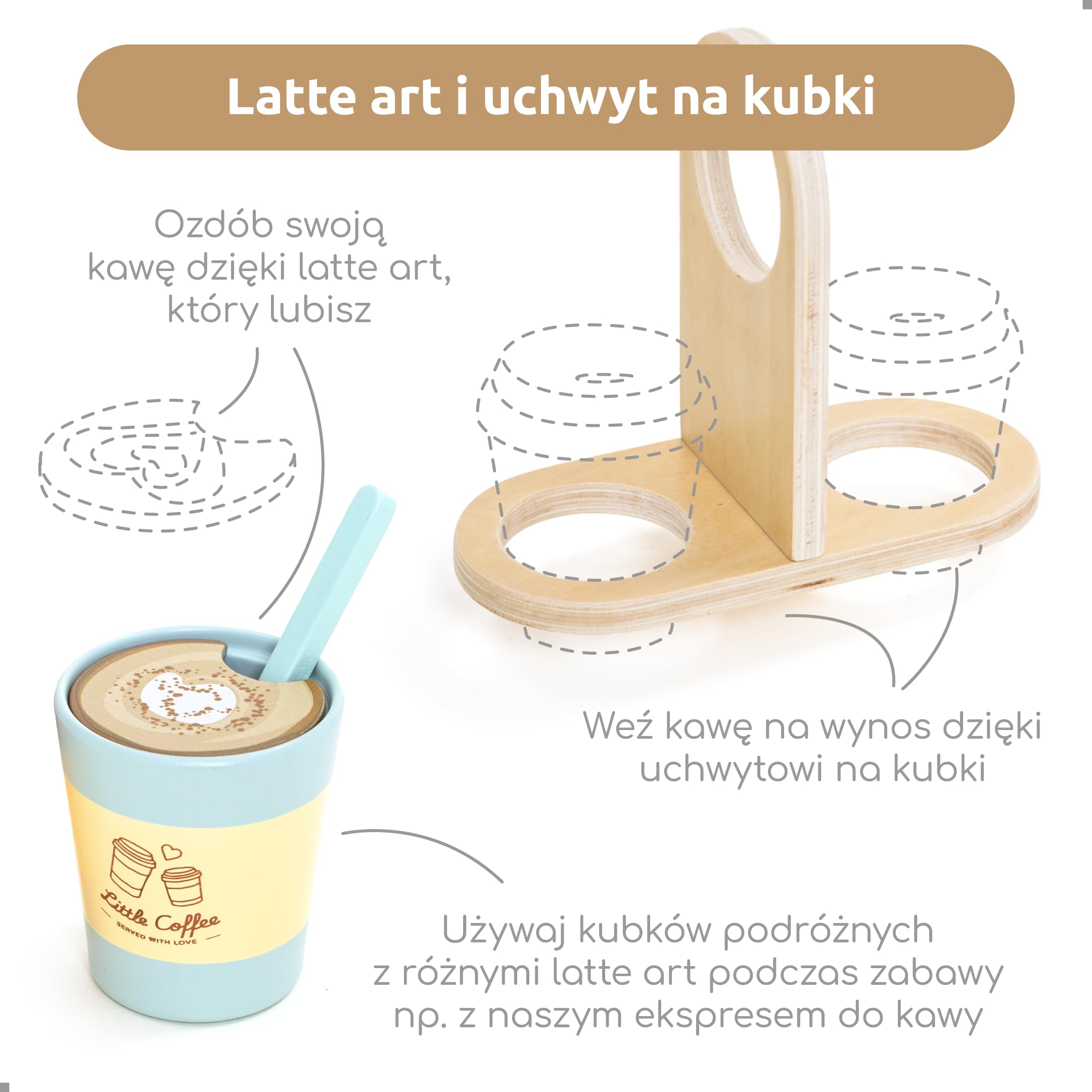 UMU® Coffee to Go zestaw do zabawy dla dzieci z drewna – akcesoria kuchenne dla dzieci w zestawie z tablicą sprzedażową, serwis do kawy do odgrywania ról, 15-częściowy zestaw drewnianych zabawek dla