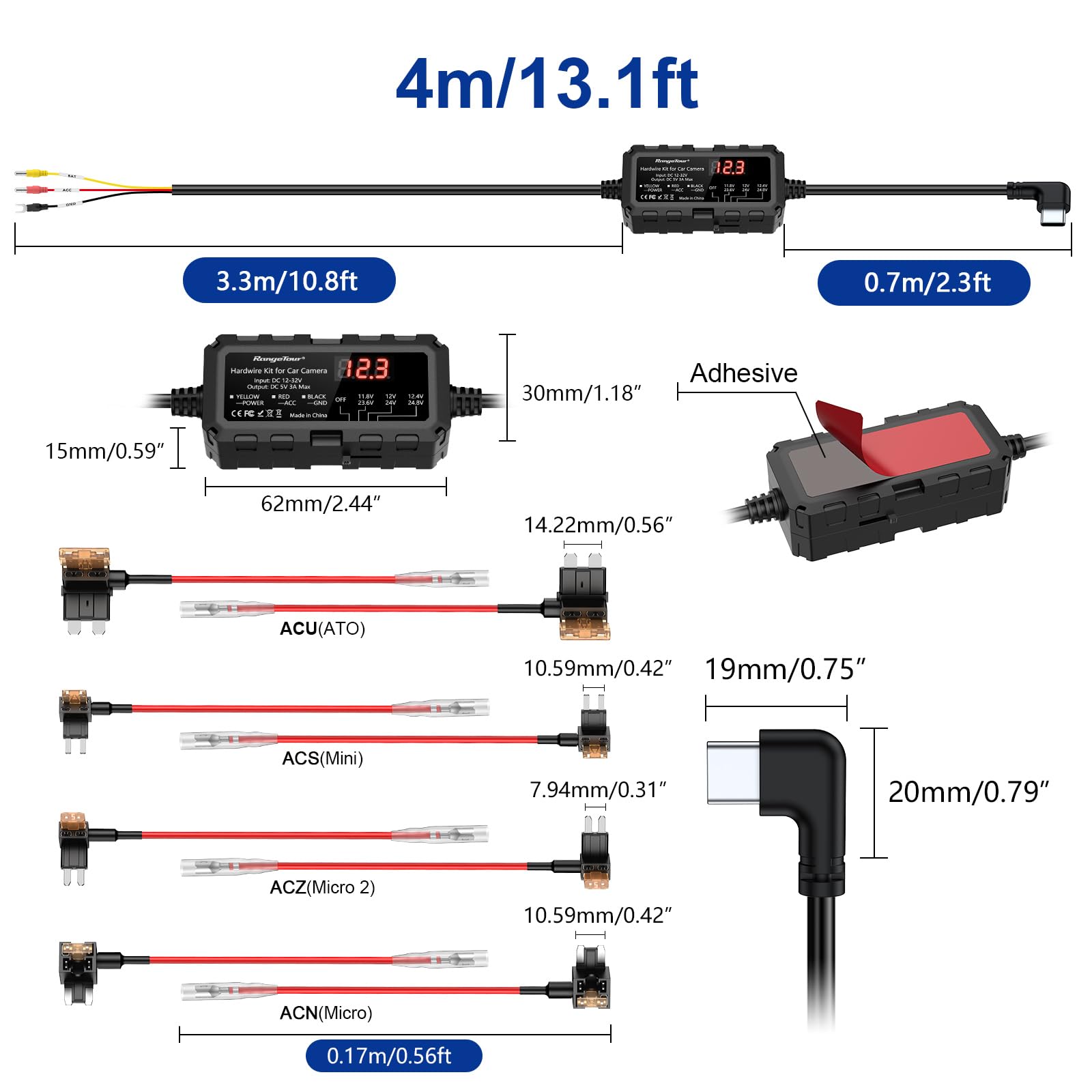 Kit Cablaggio USB-C con Schermo LED, 12V-32V a 5V 3A Auto Cavo di Ricarica Kit 4m 3-Core con Protezione Regolabile a Bassa Tensione, Dash Cam Hardwire Kit Monitoraggio Parcheggio 24 Ore