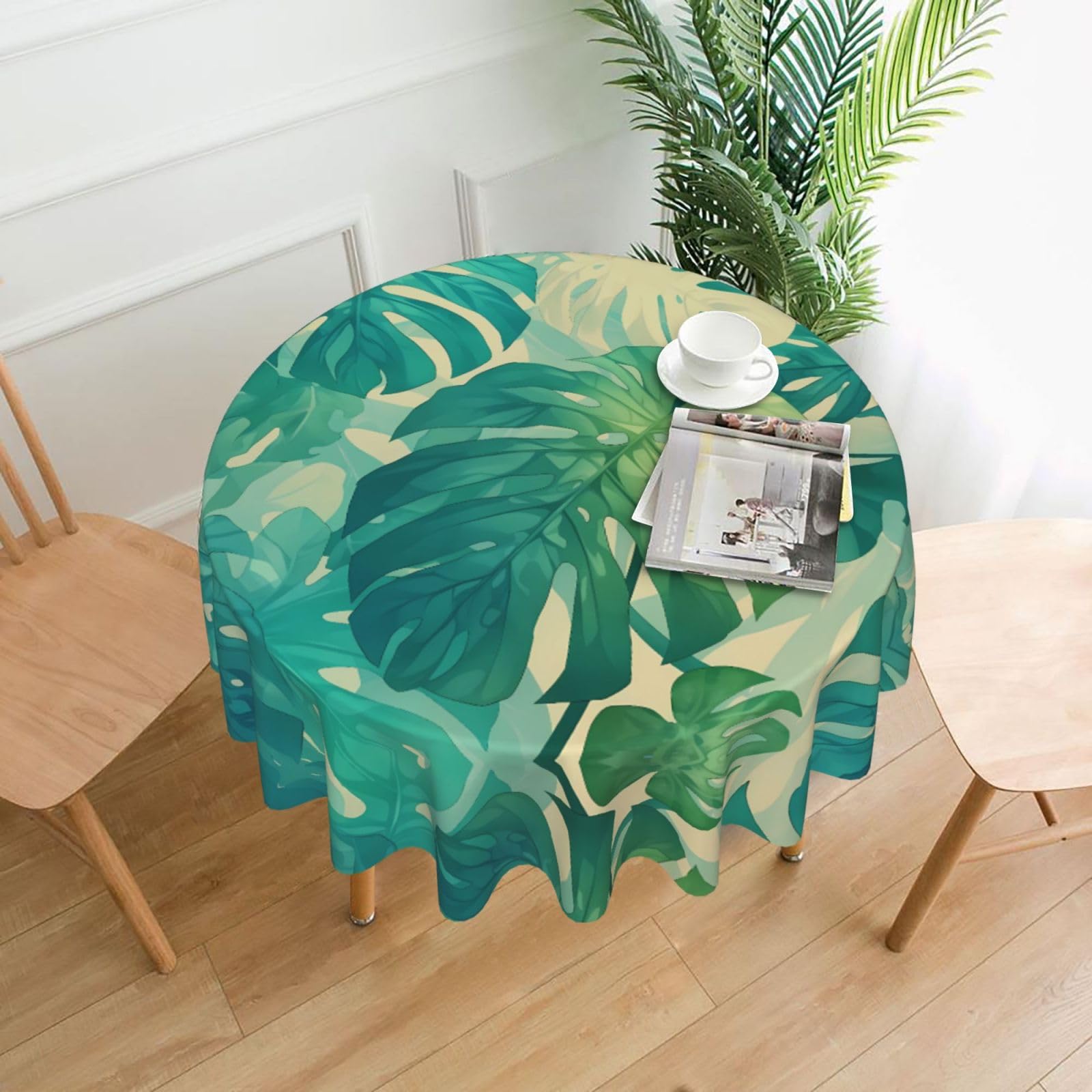 MROWYC Large green leaves Printed Practical Round Tablecloth, Durable, Suitable for Home, Restaurant, Hotel, Gathering, and Decorative Table Covers