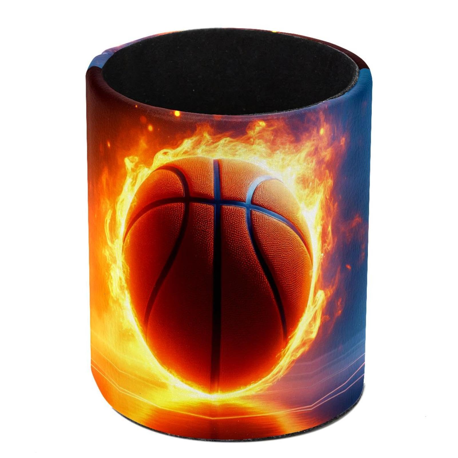 HEOEH Fire Basketball Pen Holder for Desk, PU Leather Pencil Holder Pen Cup Marker Holder Makeup Brush Holders, Desk Accessories & Workspace Organizers for Home, Office