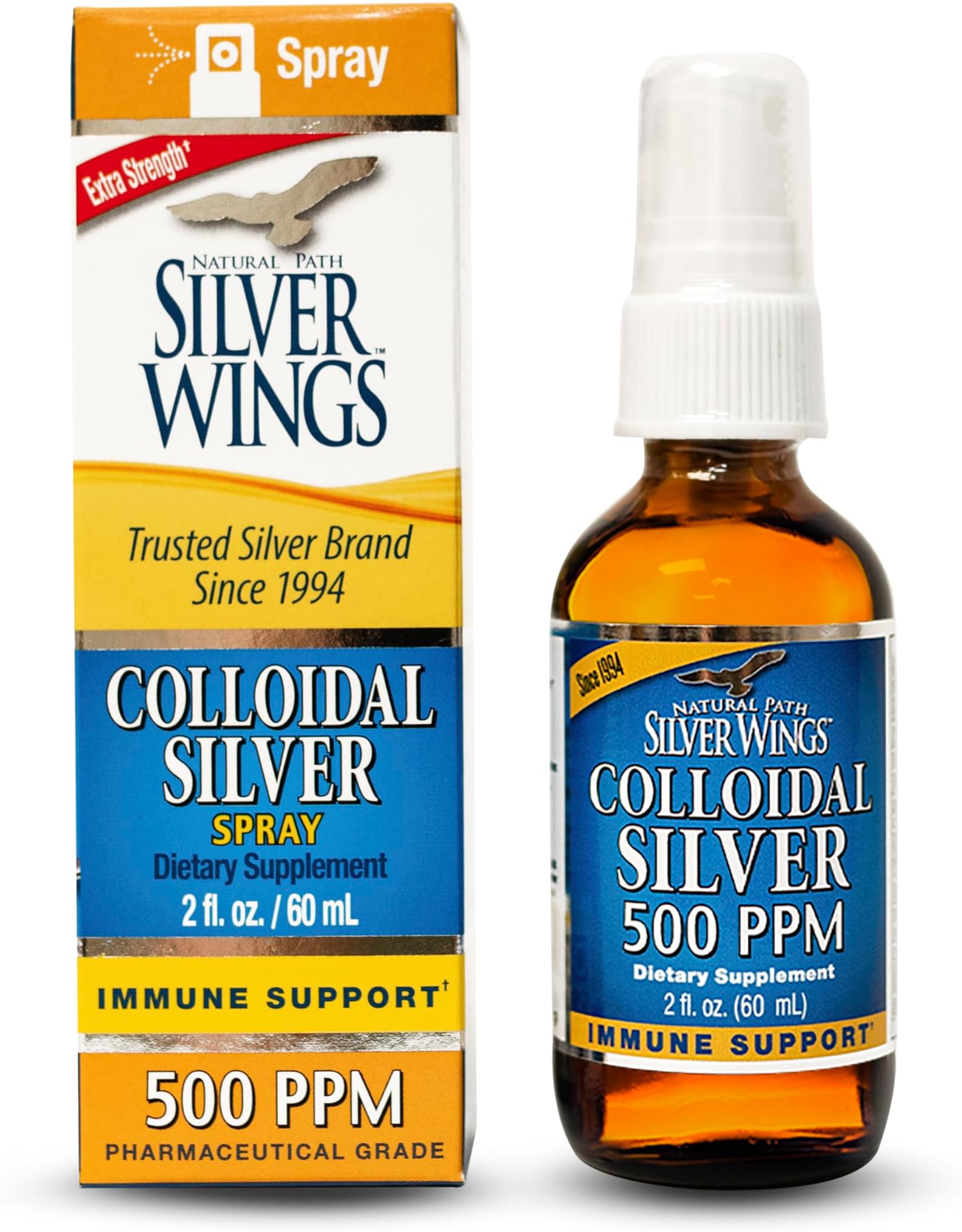 Natural Path Silver Wings Colloidal Silver - Extra Strength Liquid Immune Support Supplement- - 500ppm (2500mcg) - 2oz Spray