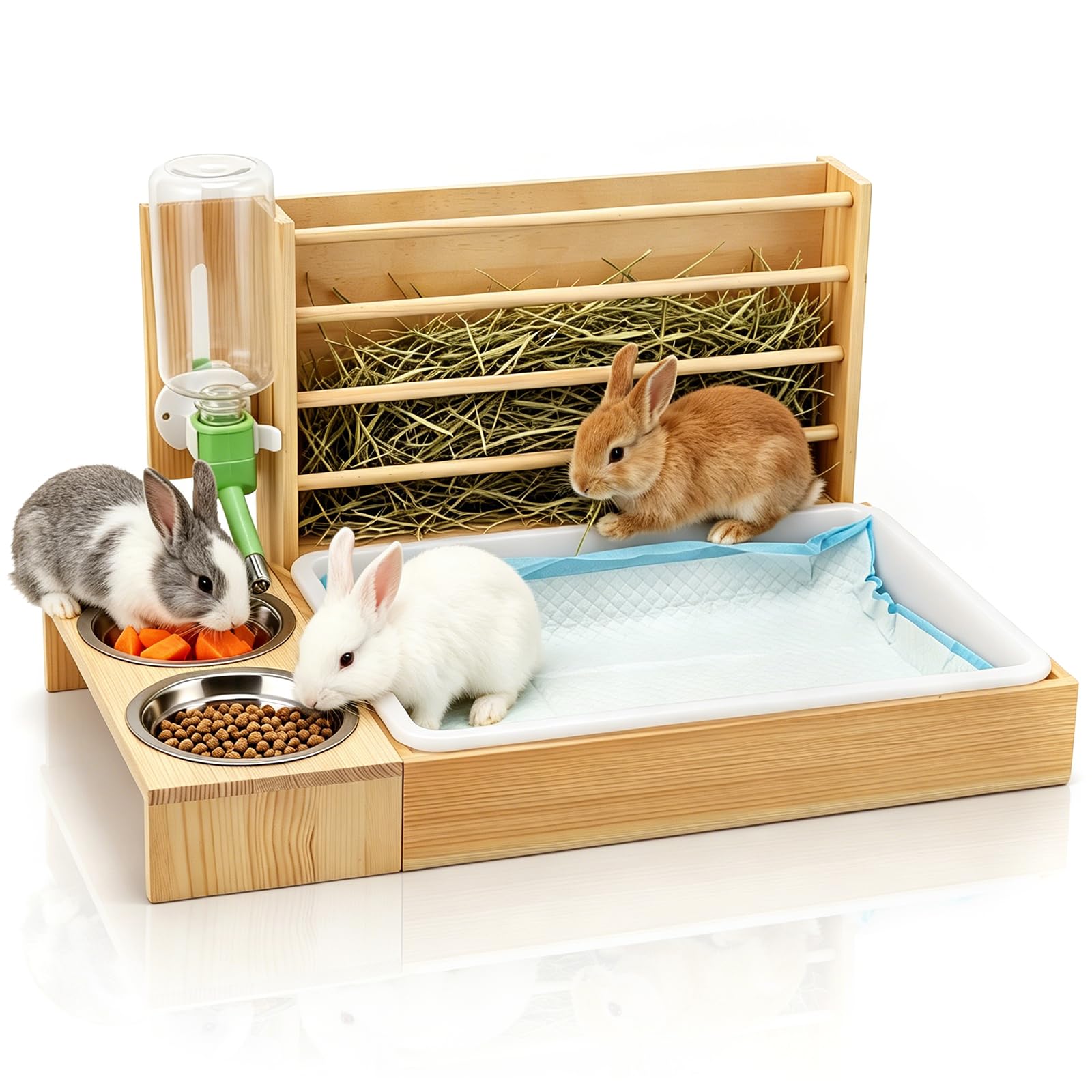 Râtelier à Foin 4-en-1 pour Lapins, Station d'alimentation | Distributeur foin amovible pour cochons d'Inde avec bac à litière, 2 gamelles et biberon Mangeoire bois pour petits animaux