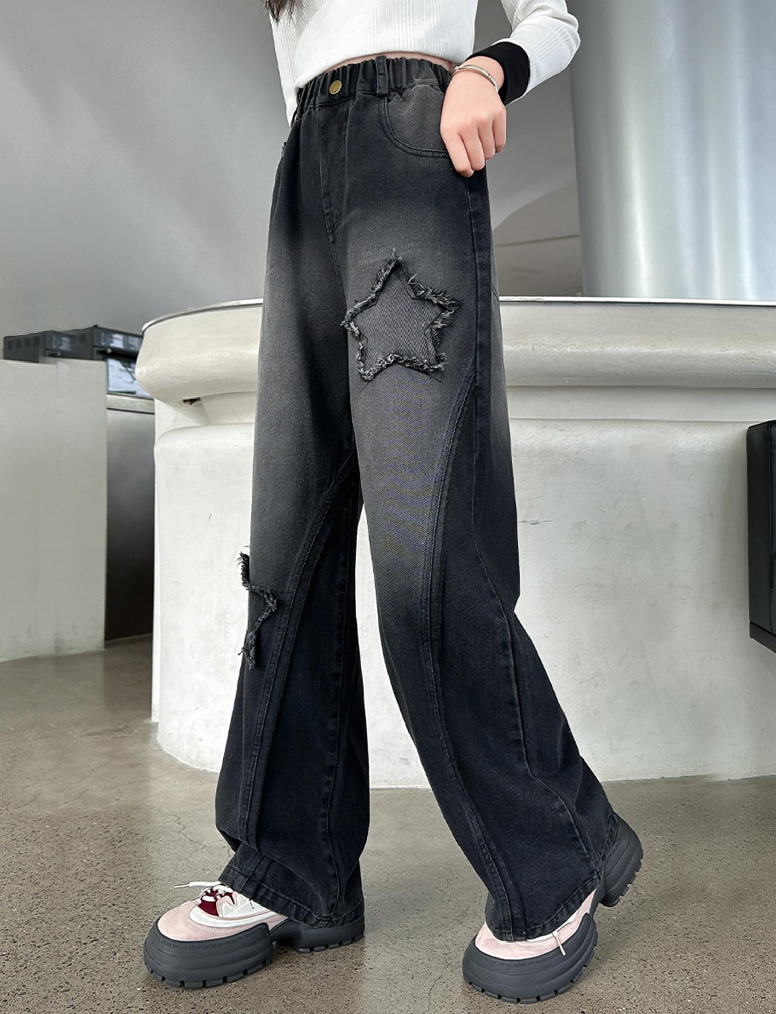 Happy Cherry - Baggy Jeans Filles Pantalons Large en Denim Fille Y2K Streetwear Enfants Adolescent Pantalon Hip Hop Streetwear Décontracté pour Été Hiver Printemps Automne - 110-164