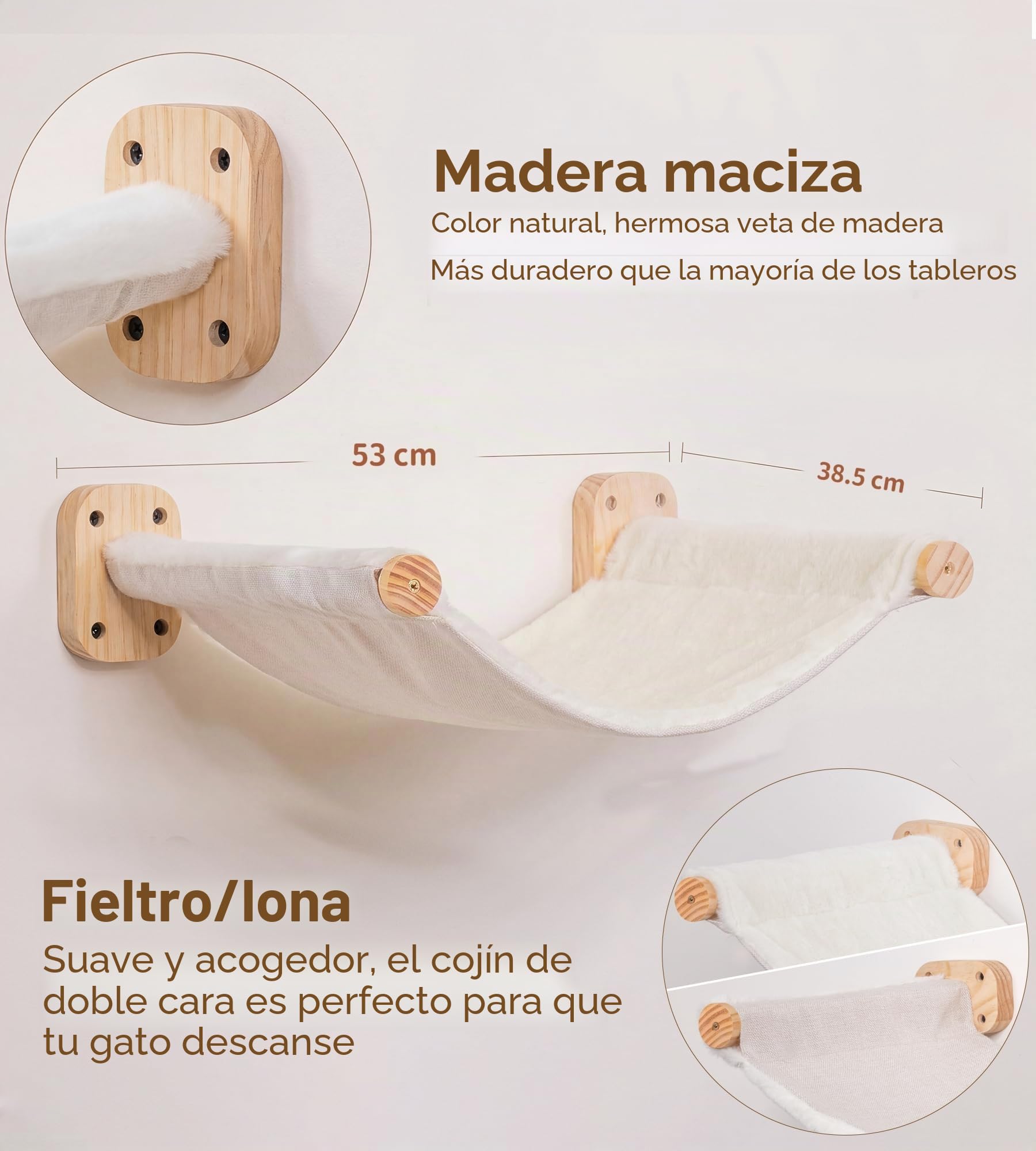 Hamaca para gatos, muebles de pared para gatos, cama de gato de doble cara con tela de lona y felpa, cama y percha para gatos montada en la pared, estantes de madera para gatos para dormir, jugar