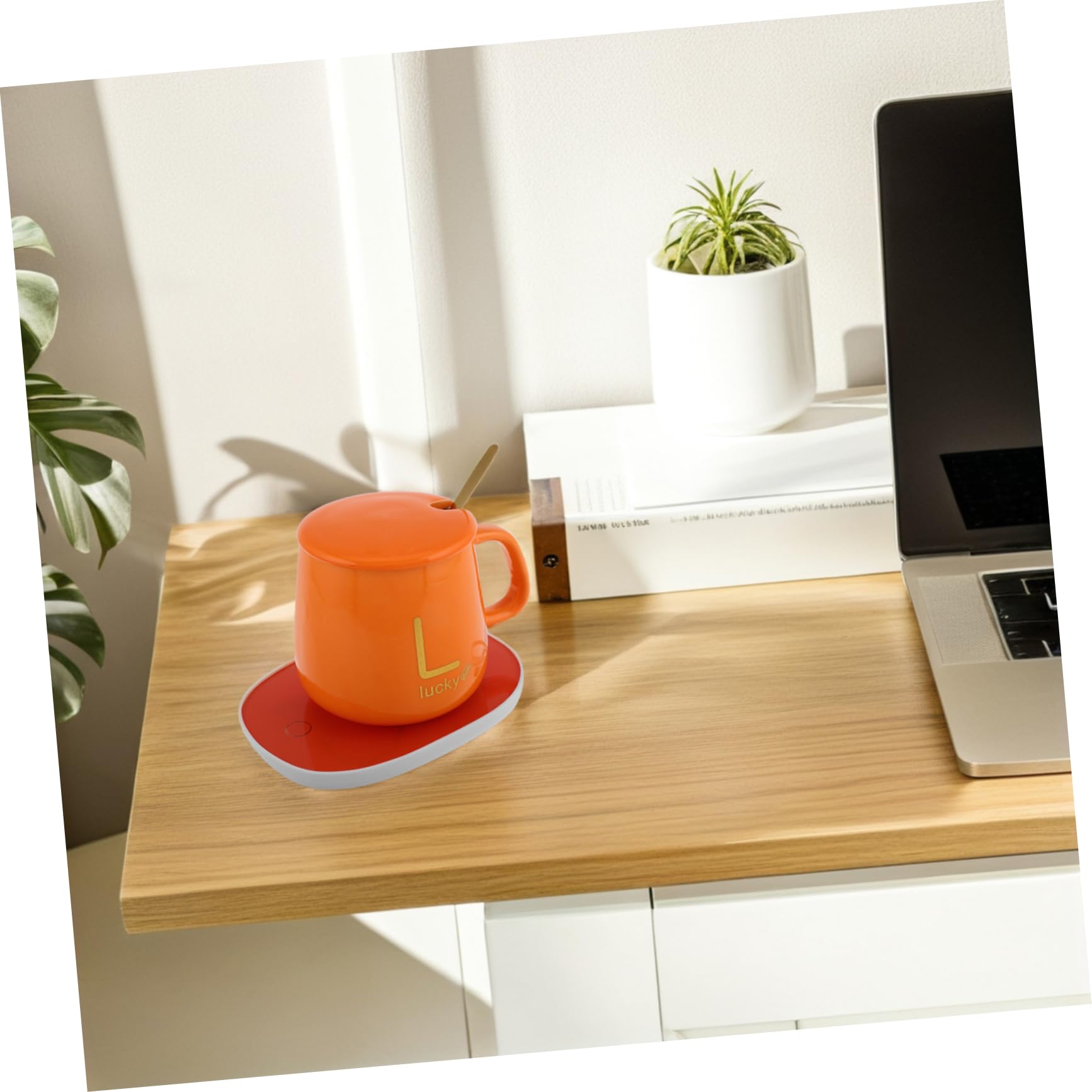 Calentador Taza Eléctrico con Set Taza Naranja Mantenedor Temperatura para Café Té Cacao Leche con Caja Regalo para Cumpleaños y Navidad