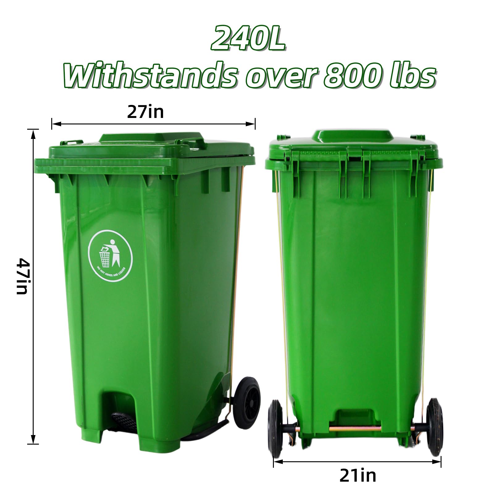 Outdoor Trash Can with Lid and Wheels, 2 Pack 64 Gallon Trash Can with Foot Switch?Rolling Garbage Bin Suitable for Garage/Backyard/Patio/Mall (Green)