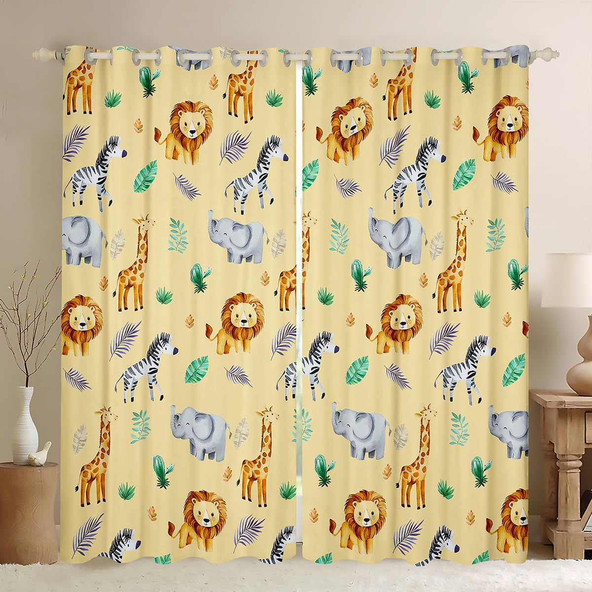 richhome Kids Zoo Animals Curtains for Bedroom Living Room Cute Giraffe Elephant Zebra Blackout Shades Green Plants Curtain Yellow Window Treatments, 2 Panels W46*L72 Decor