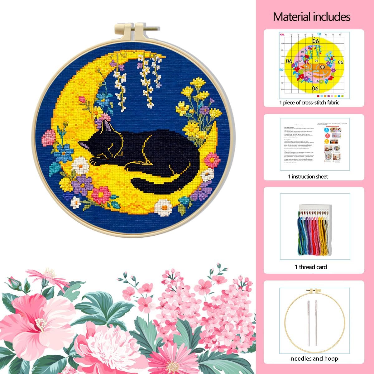 LSLFQYQSK Beginners Embroidery Kits - The Little Cat at Night DIY Cross Stitch Kits,Including,Stamped Flower Patterns,Hoop,Color Threads,Tools (Style A)