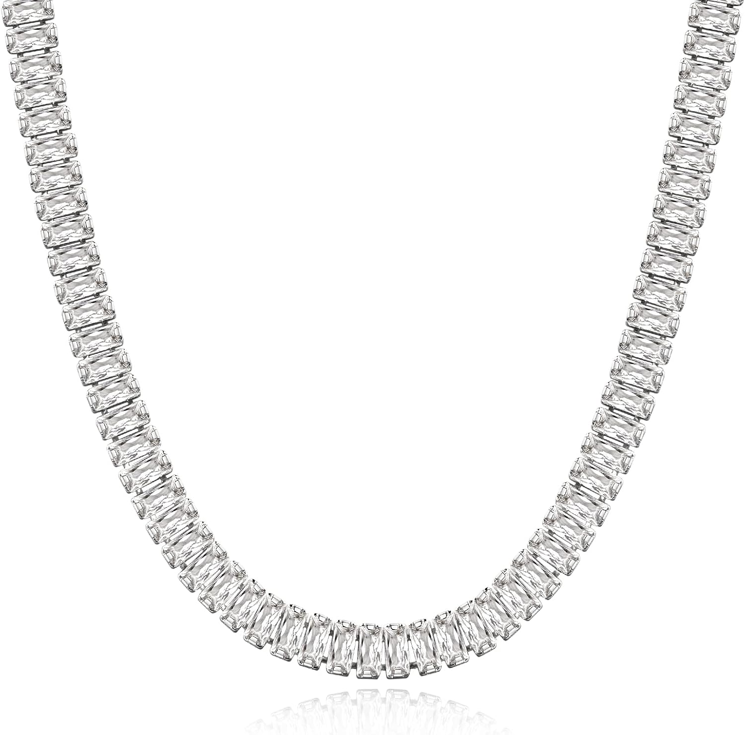 KissYan Collar de tenis de diamantes para mujer, chapado en oro blanco de 14 quilates, circonita cúbica, cadena de tenis tipo baguette, eslabones