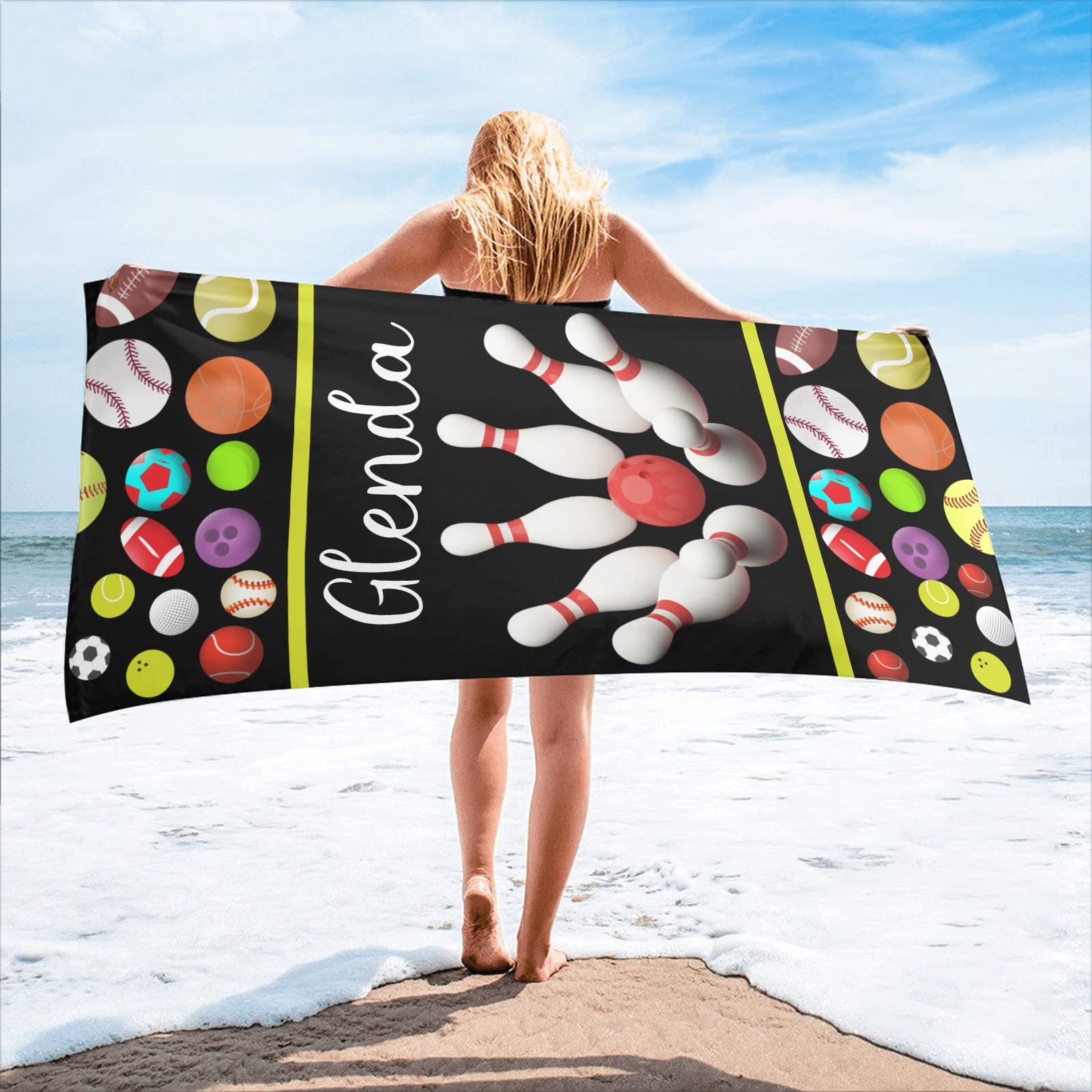 CUXWEOT Personalized Softball Soccer Bowling Ball Beach Towel with Name Quick Dry Absorbent Bath Towels 2 Sides Printed for Wedding Birthday Gift 30 X 60 inch