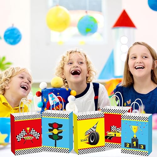 Miniatura 6 de Outus 24 bolsas de papel a cuadros para recuerdos de fiesta de coches de carreras, bolsas de regalo de autos de carreras, bolsas de regalo de coches