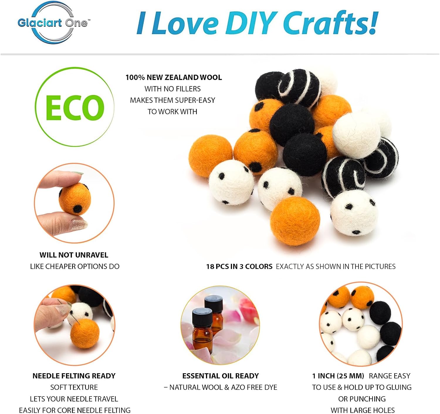 Glaciart One Wool Felt Balls (18 Pieces) 1 Inch (2.5cm), 100% New Zealand Wool, 3 Colors Hand-Felted in Nepal - Halloween Party Banner Decoration for Felting and Garland