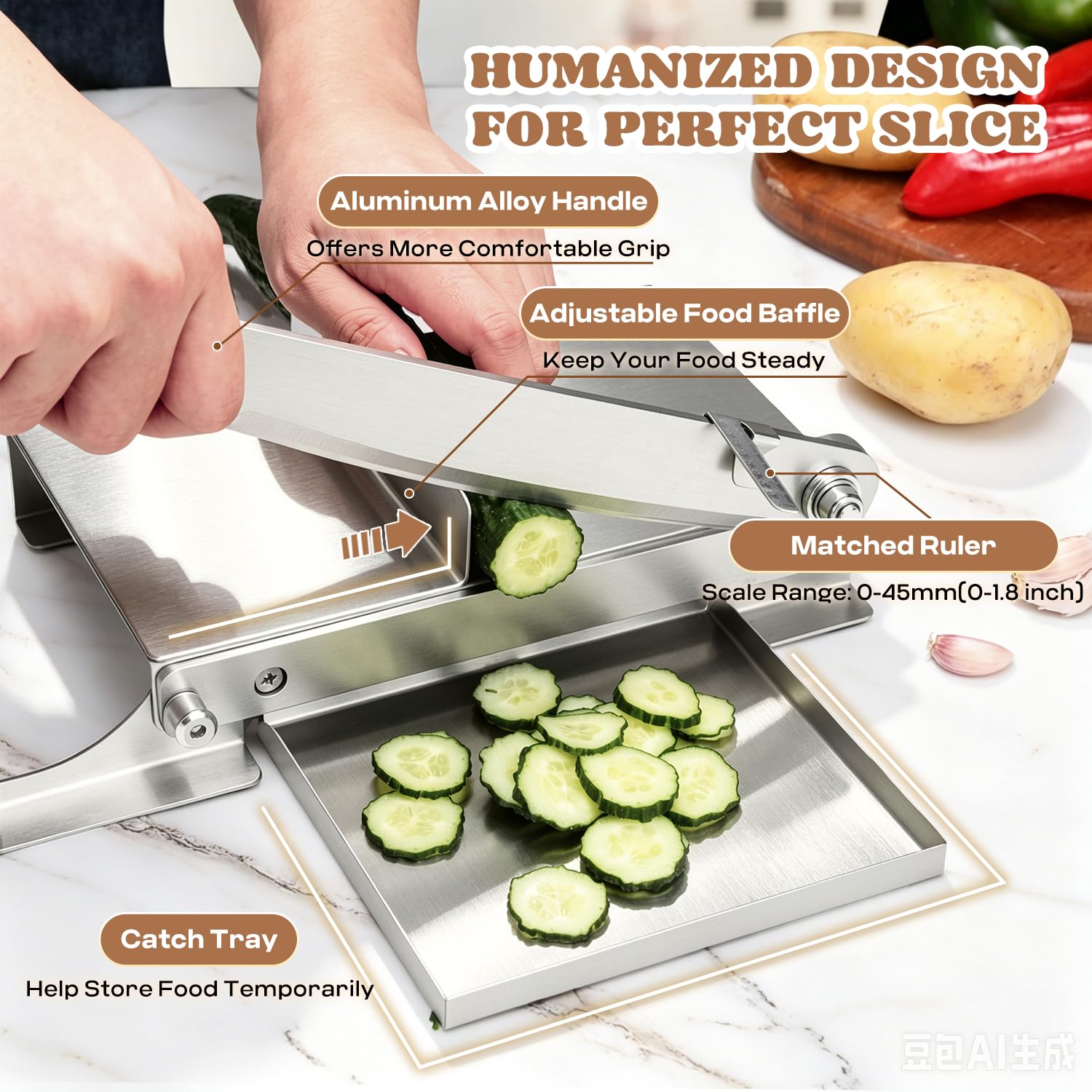 Moongiantgo Manueller Fleischschneider Handbuch Rippen Fleischschneider Biltong Slicer mit Abnehmbarer Skala, 190mm Klingenlänge für Kräuter Ginseng Nougat Speck Schinken Gemüse Delikatessen (KD0270)