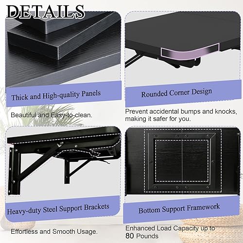 Miniatura 5 de TEAMIX Mesa plegable montada en la pared, escritorio flotante negro para espacios pequeños, mesa de comedor de hojas caídas para cocina, estante