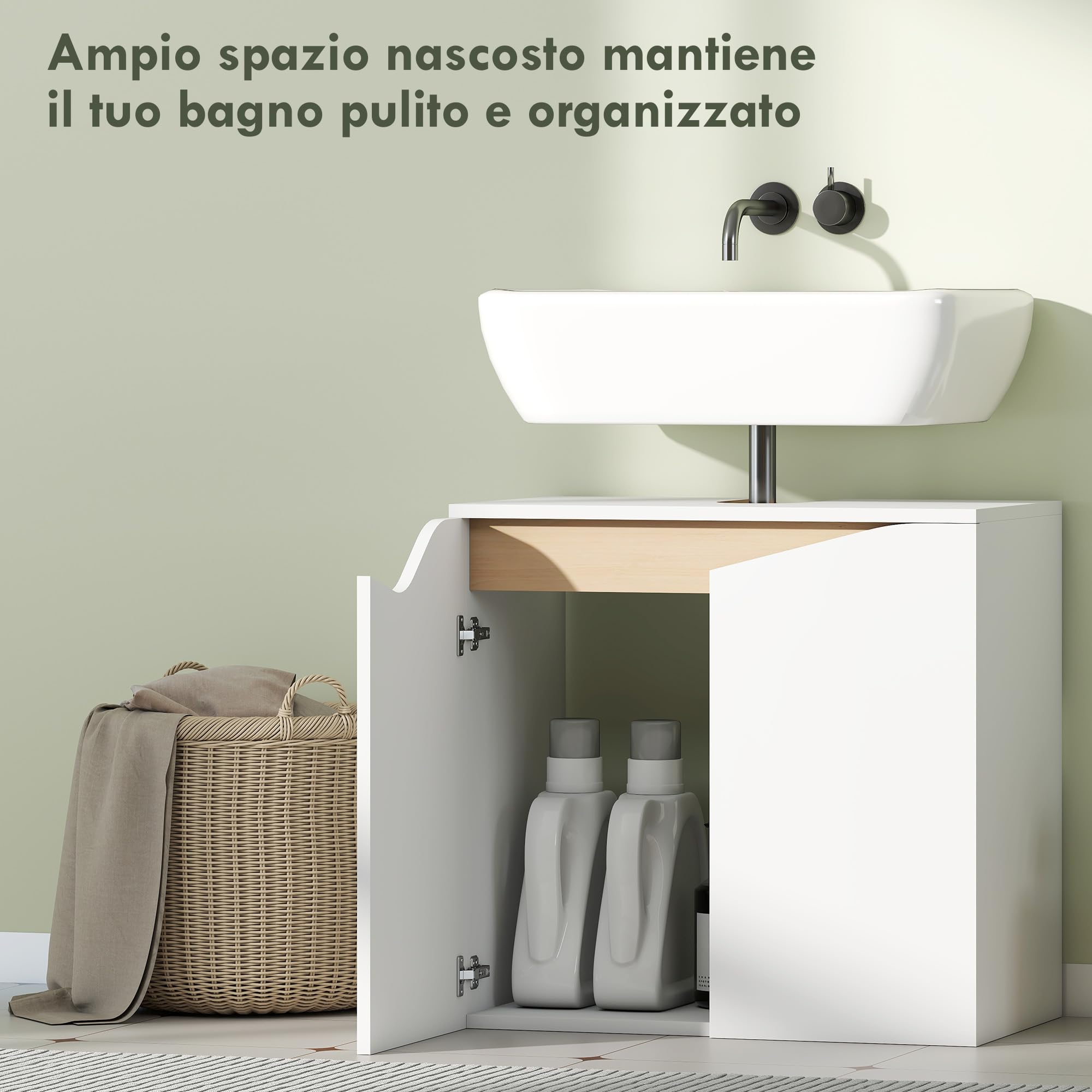 HOMCOM Mobile Sottolavabo per Bagno con Armadietto a 2 Ante Ammortizzate, Mobiletto Sottolavabo con Intaglio a U, Salvaspazio, Adatto a Lavabi senza Colonna, 60x35x57.9 cm, Bianco
