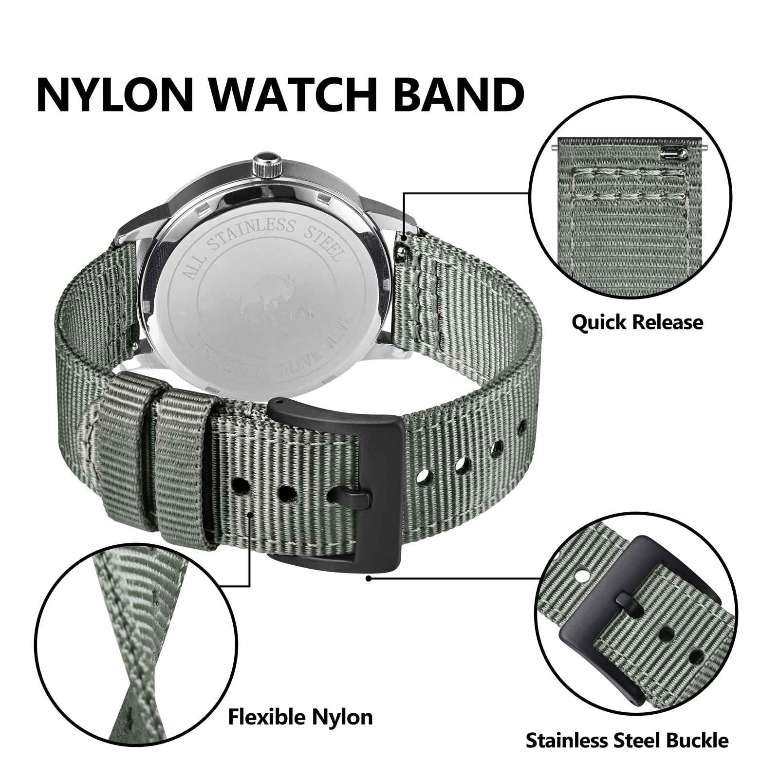 BISONSTRAP Cinturini in Nylon da Uomo, Cinturino per Orologi Militari, Sgancio Rapido, Fibbia Spazzolata, Larghezza Cinturino 18mm 19mm 20mm 22mm