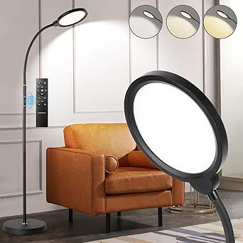 YOPSTARStehlampe, LED Leselicht, Standleuchte, 3 Farbtemperaturen & Dimmbar Helligkeit, verstellbare Schwanenhals Stehleuchte mit Fernbedienung & Touch Control für Wohnzimmer, Büro (Orbicular)